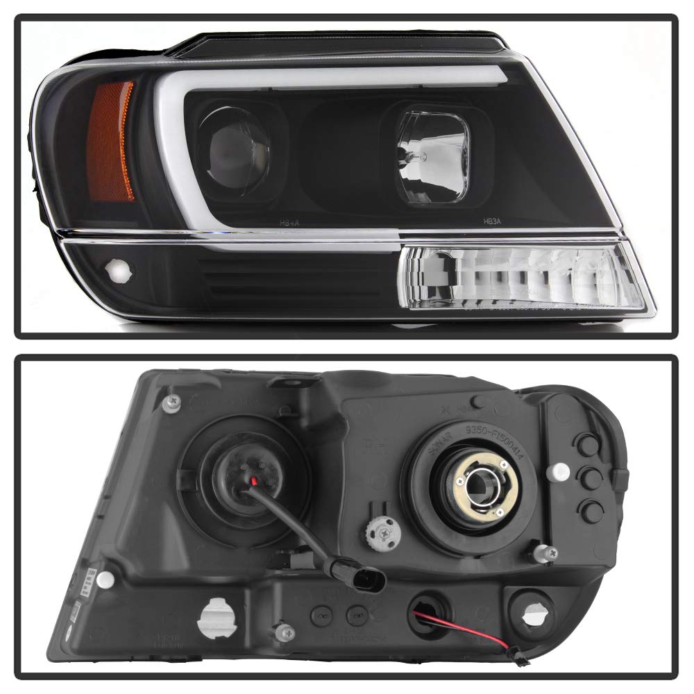99-04 Jeep Grand Cherokee LED Tube DRL Headlights - Black/Clear Lens for Enhanced Visibility & Style | Perfect for Off-Roading & Night Driving