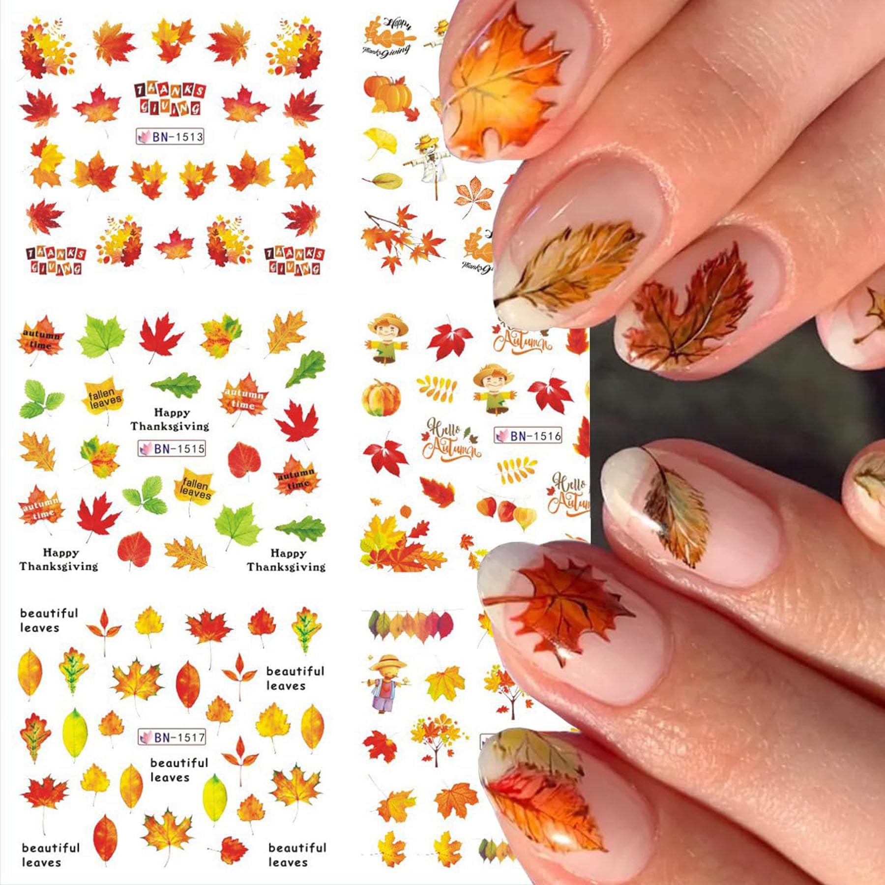 12PCS Fall Nail Art Stickers - 3D Autumn Leaves & Pumpkin Water Transfer Decals, Self-Adhesive Nail Art Supplies for Halloween, Thanksgiving, Seasonal Manicures & DIY Nail Designs