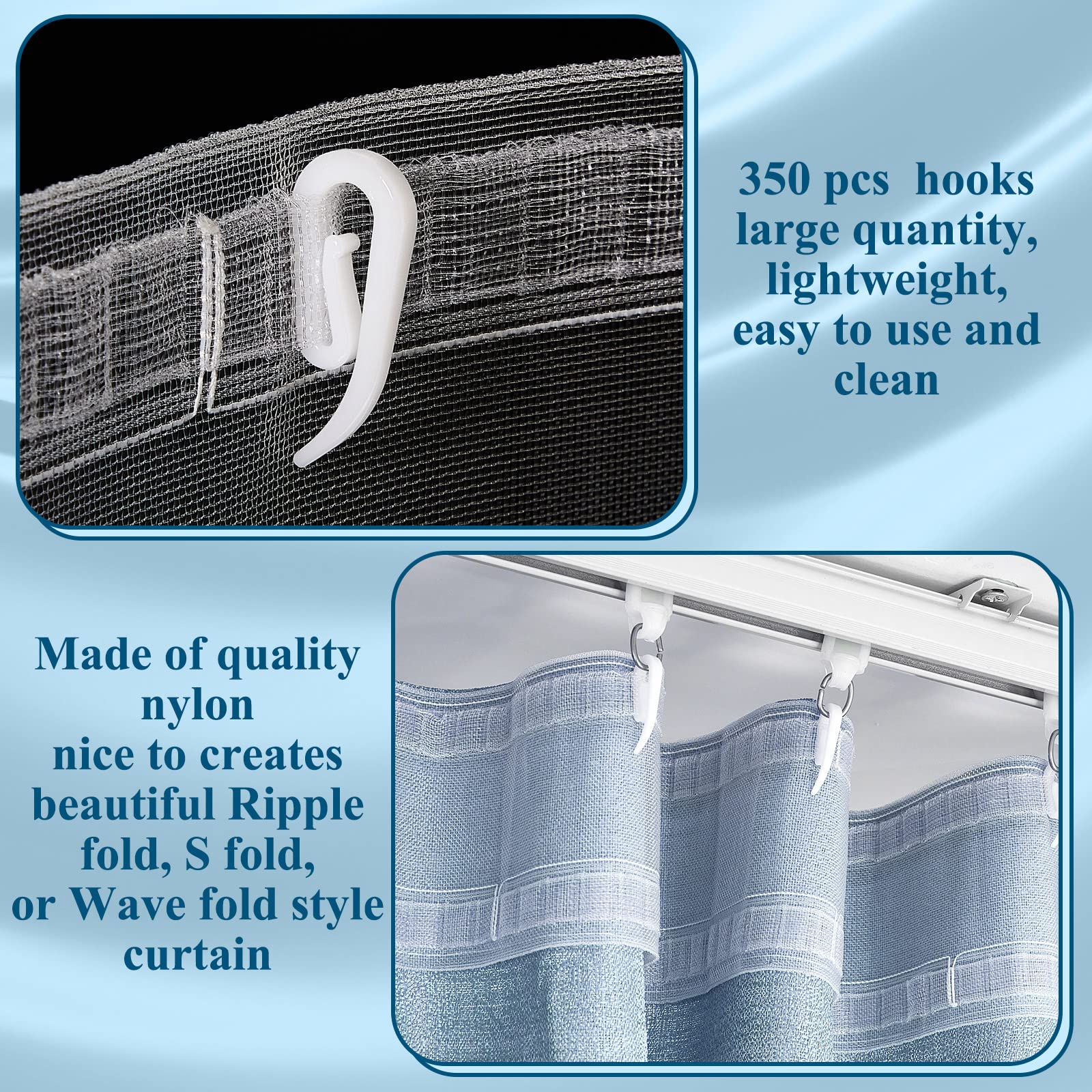 Juexica Transparent Wave Curtain Tape - 25 Meter (82 Feet) with 350 Hooks for Ripple Fold Curtains | Drape Accessories for Living Room, Bedroom & Window Decor