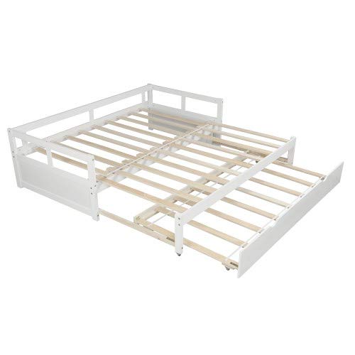 **Merai Extendable Daybed Frame with Trundle - Solid Wood Bed Frame, No Box Spring Needed, White Finish - Perfect for Guest Rooms, Kids' Rooms & Small Spaces**