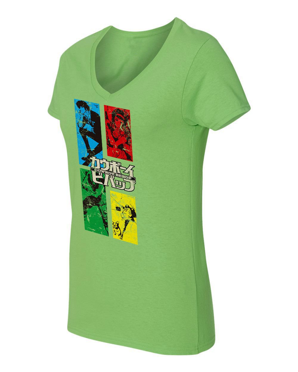 RIVEBELLA Women's Anime Graphic V-Neck T-Shirt - Stylish Manga Crew Novelty Tee with Bebop Design | Perfect for Cosplay, Casual Wear & Anime Fan Gifts