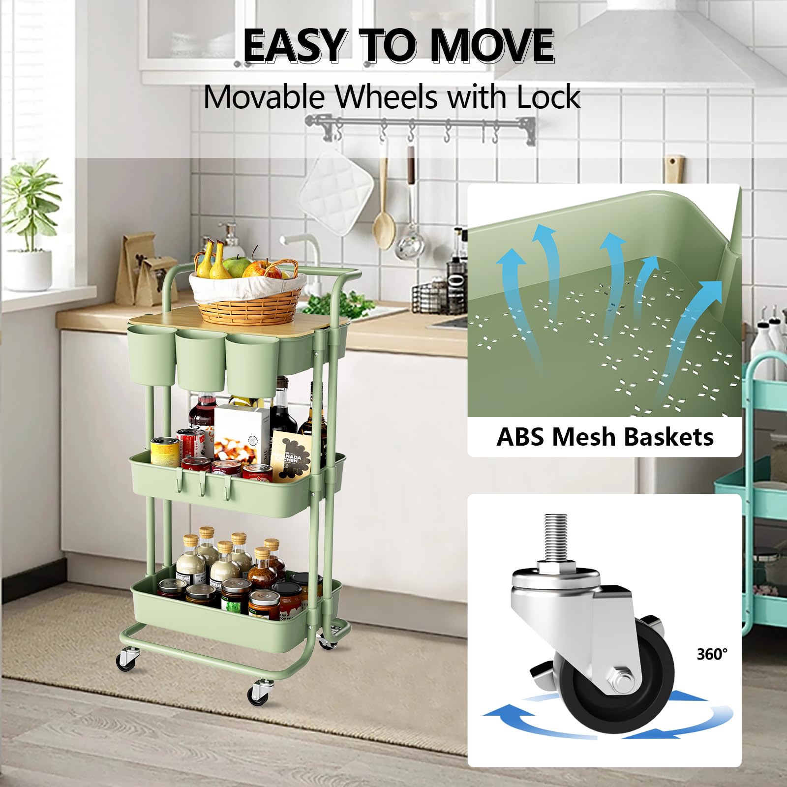 3 Tier Rolling Utility Cart with Lockable Wheels - Metal Handle, Table Top, Hanging Cups & Hooks - Plastic Storage Baskets for Bathroom, Classroom, Office, Kitchen & Pantry Organization - Perfect for Small Space Storage & Mobile Workstations (Green)