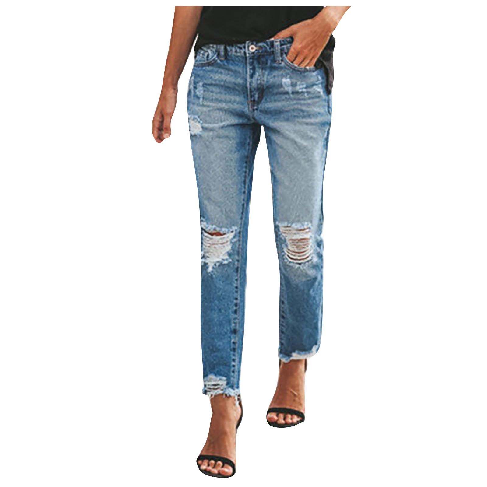 UODSVP Women's Low Waist Flare Jeans - Solid Color Distressed Ankle Pants for Casual Wear & Street Fashion