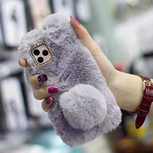 Bling Diamond Soft Fluffy Rabbit Fur Case for iPhone 12 Pro Max 6.7 inch - Winter Warm Protective Cover with Crystal Bowknot, Handmade Bunny Hair Plush (Light Grey) | Perfect Gift for Women & Fashion Accessory for Cold Weather