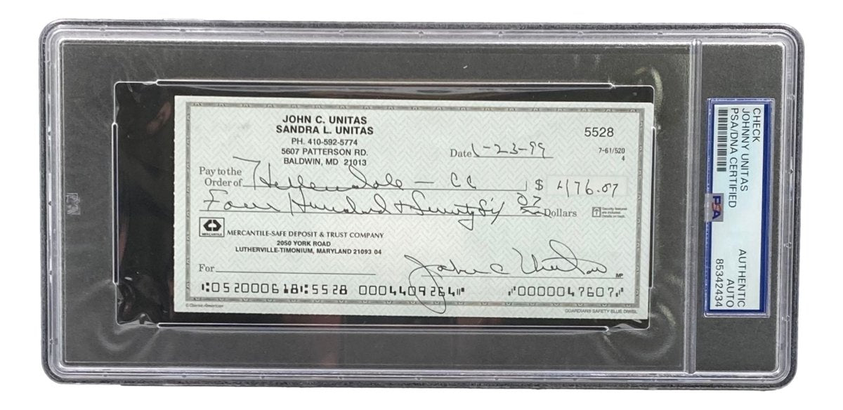 Johnny Unitas Baltimore Colts Autographed Signed Bank Check #5528 PSA Certified - Rare Football Memorabilia for Collectors & Sports Fans
