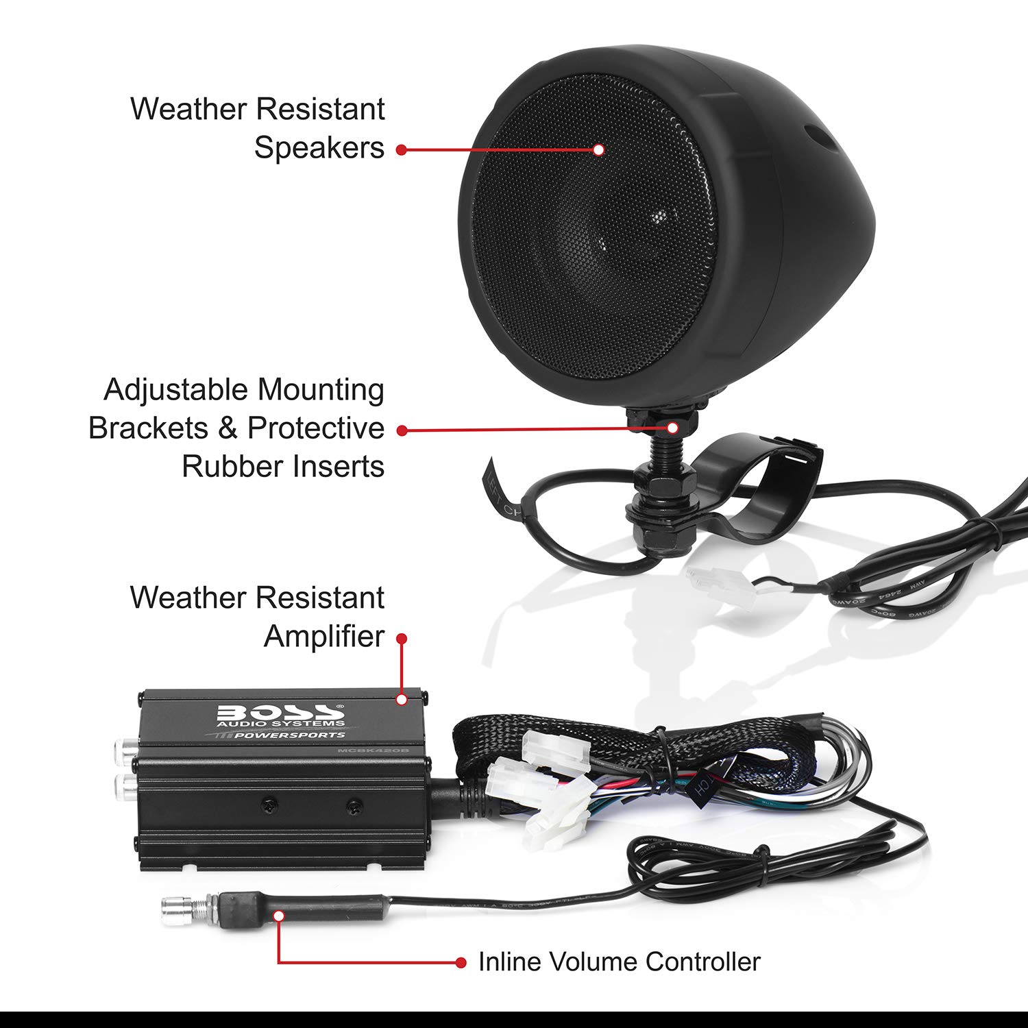 BOSS Audio Systems MCBK420B Bluetooth Speaker System - 400W Class D Compact Amplifier, 3 Inch Weatherproof Marine Speakers with Volume Control | Perfect for ATVs, Motorcycles, Boats & 12V Vehicles | Outdoor, Marine & Off-Road Adventures