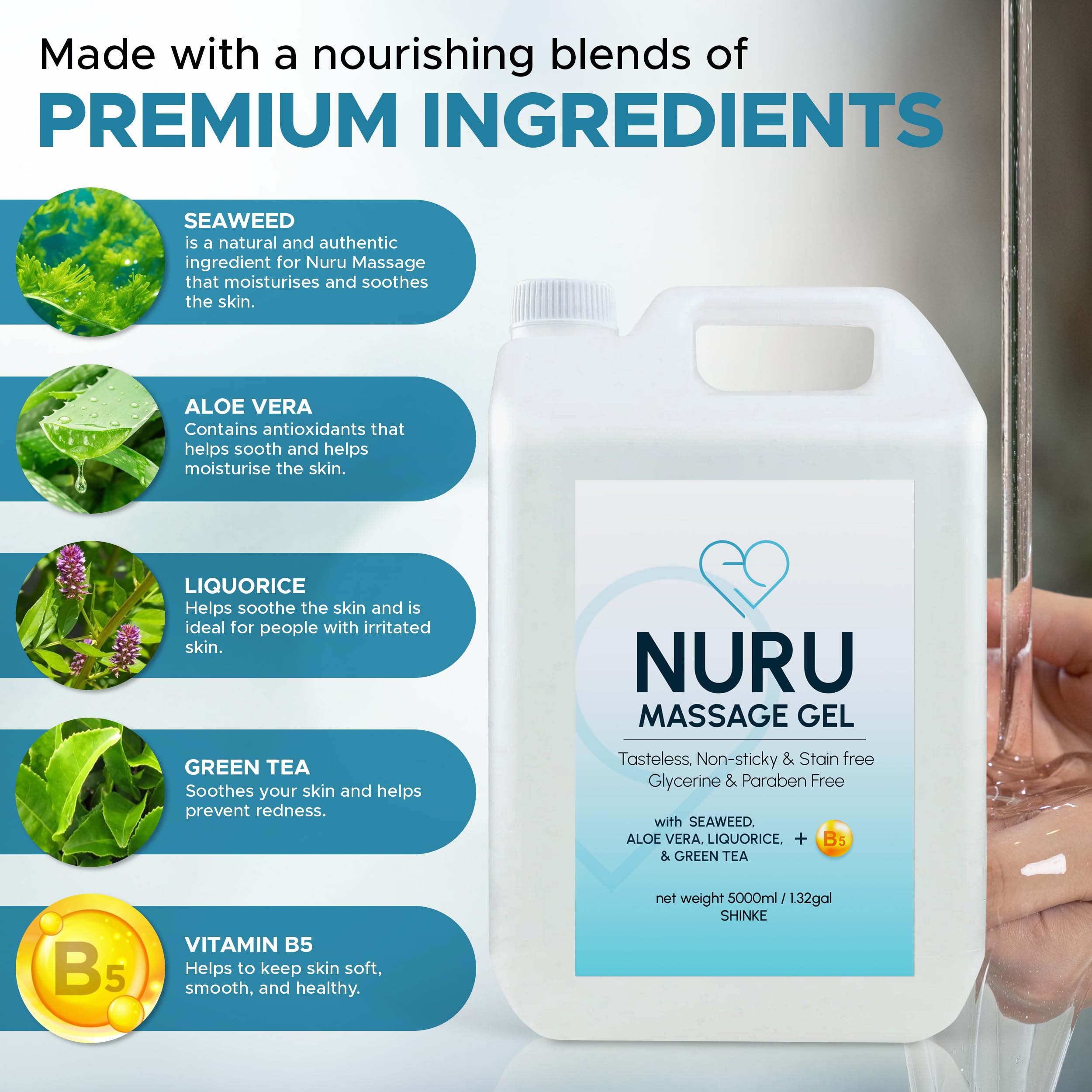 Premium Japanese Nuru Massage Gel - 1.32 Gallon with Aloe Vera, Seaweed, Green Tea & Vitamin B5 for Sensual Couples Massage & Spa Relaxation