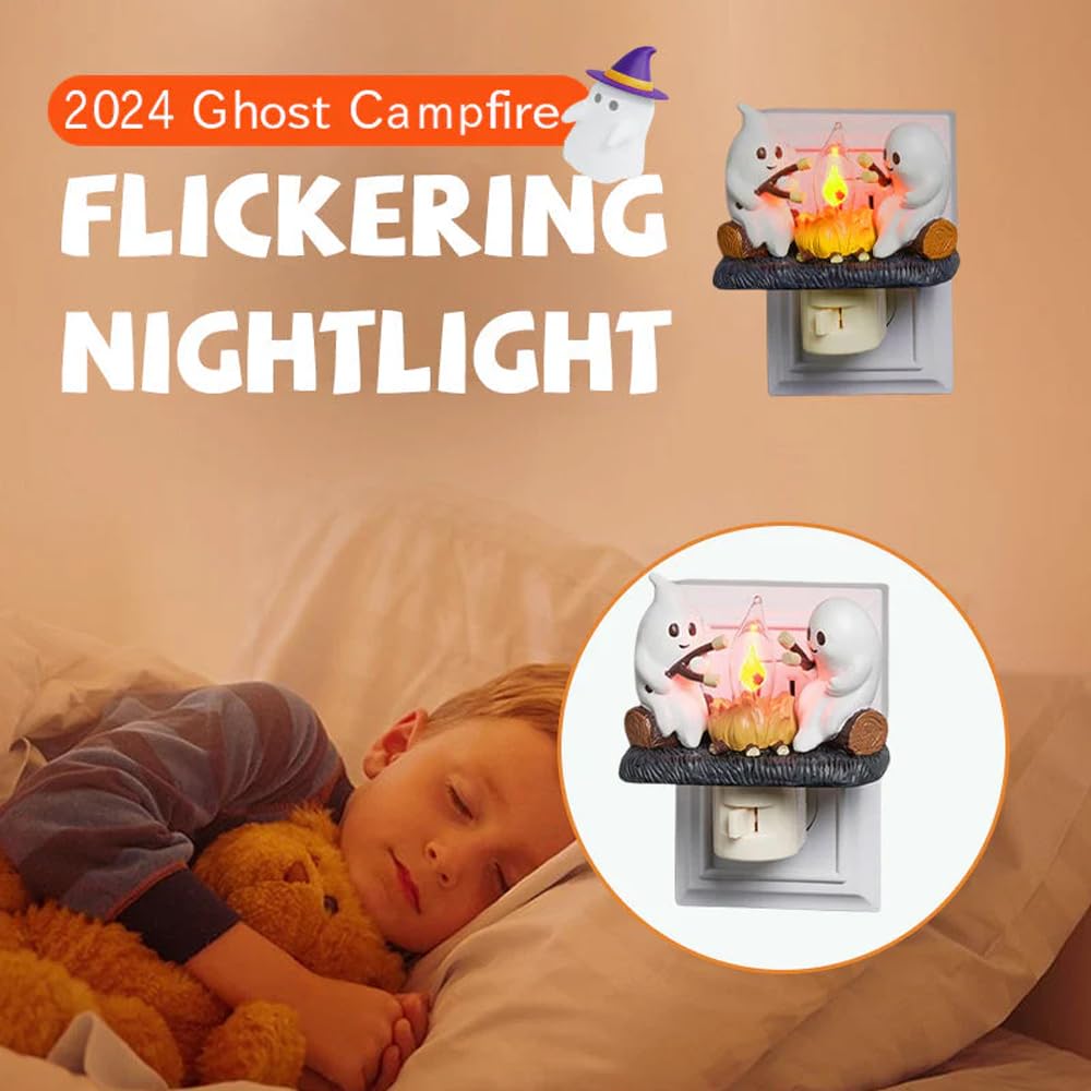 Ghost Campfire Flickering LED Night Light - Halloween Pumpkin Decor Plug-in Wall Light (0.5W) for Spooky Room Decorations, Bedroom Ambiance & Halloween Party Decorations