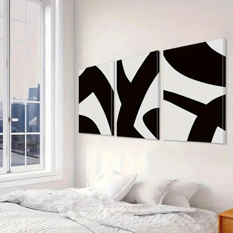 3-Piece Black and White Abstract Wall Art Set - Framed Canvas Prints 50x70cm - High Quality Modern Home Decor - Ready to Hang Wall Art for Living Room, Bedroom & Office Decor