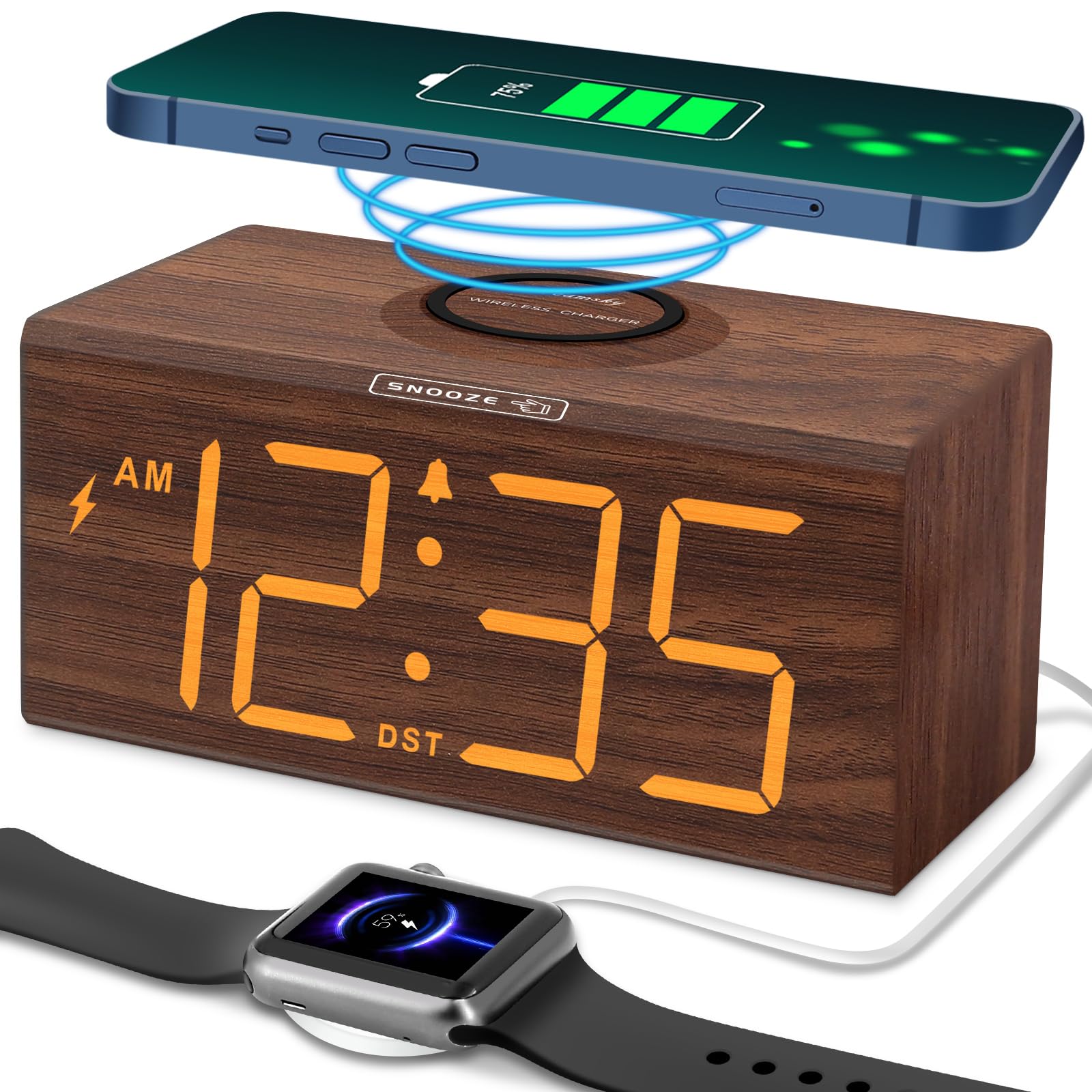 DreamSky Wooden Digital Alarm Clock with Wireless Charging - USB Charger Station, Large Display, Adjustable Volume & Brightness for Bedroom Nightstand | Perfect for Home, Office, Travel & Gift Giving