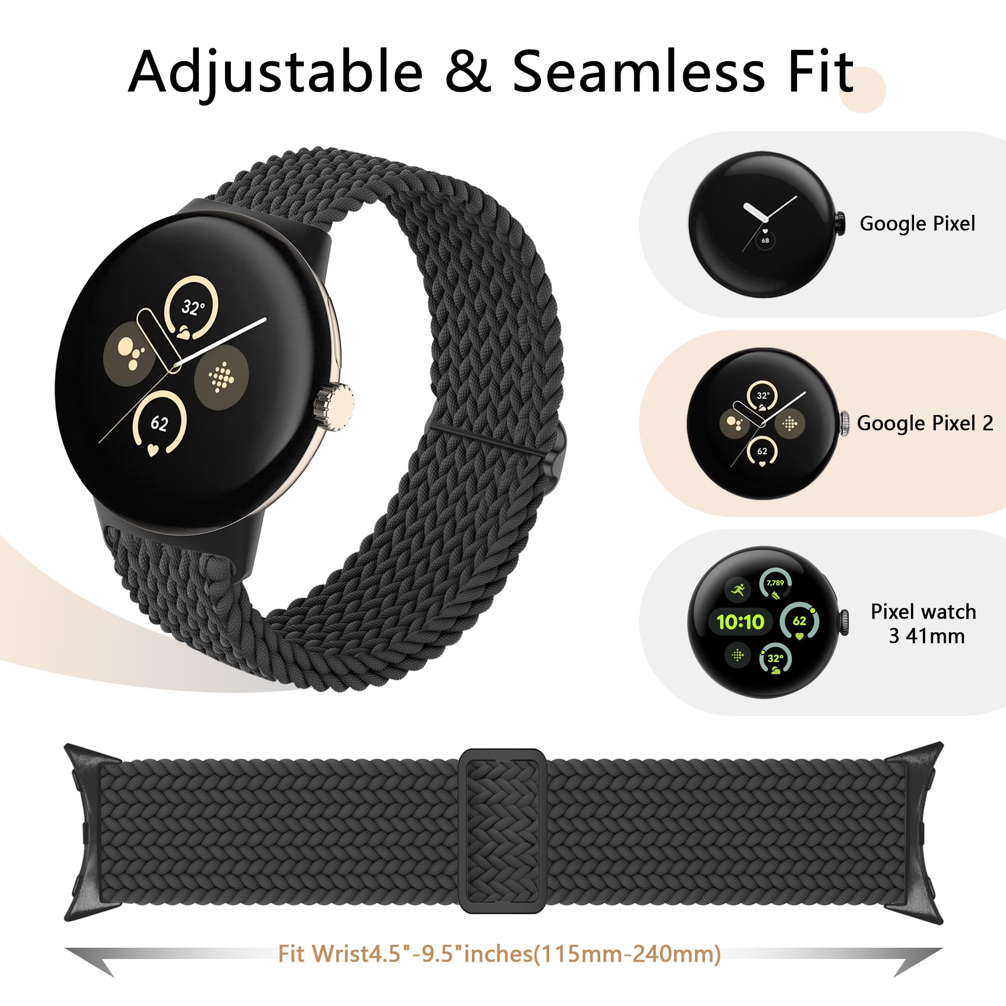 Braided Nylon Watch Bands for Google Pixel Watch 3 41mm & Pixel Watch 2 - 5 Pack Stretchy Elastic Replacement Straps for Women - Perfect for Workouts, Running & Everyday Wear