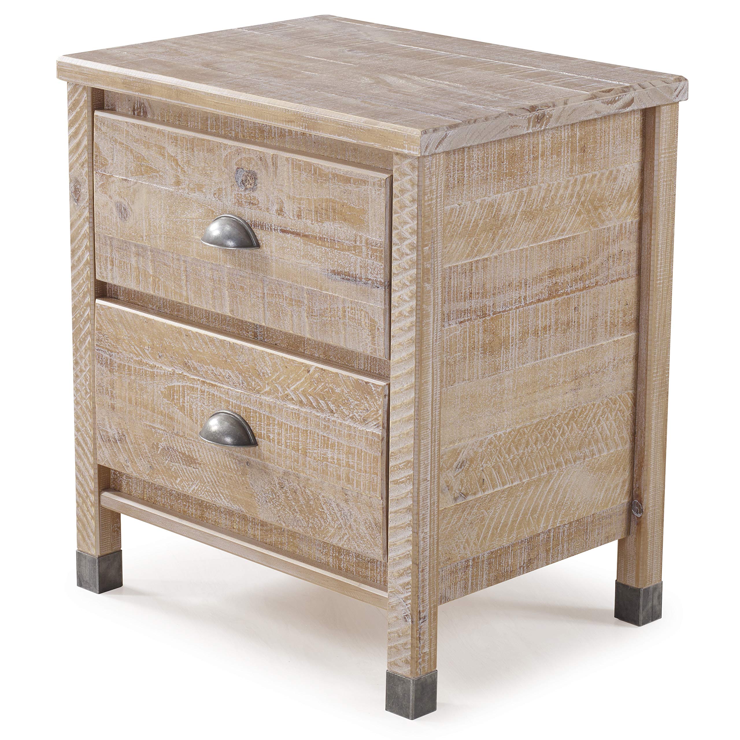 Rustic Solid Wood Nightstand with 2 Drawers & Metal Pulls - Barnwood Finish Bedside Table for Bedroom, Living Room, Sofa or Hallway - Perfect for Small Spaces, Apartment Decor & Farmhouse Style Homes