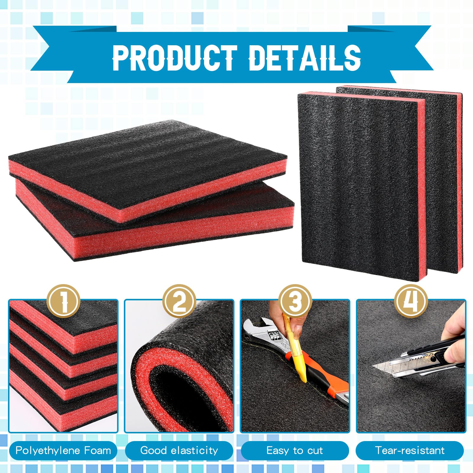 Outus 4-Piece Customizable Polyurethane Foam Padding Set (16x12x1.5 & 16x12x2 Inch) - Red & Black Craft Foam Inserts for Camera Cases, Toolboxes & Protective Storage - Perfect for DIY Projects, Equipment Protection & Secure Packing
