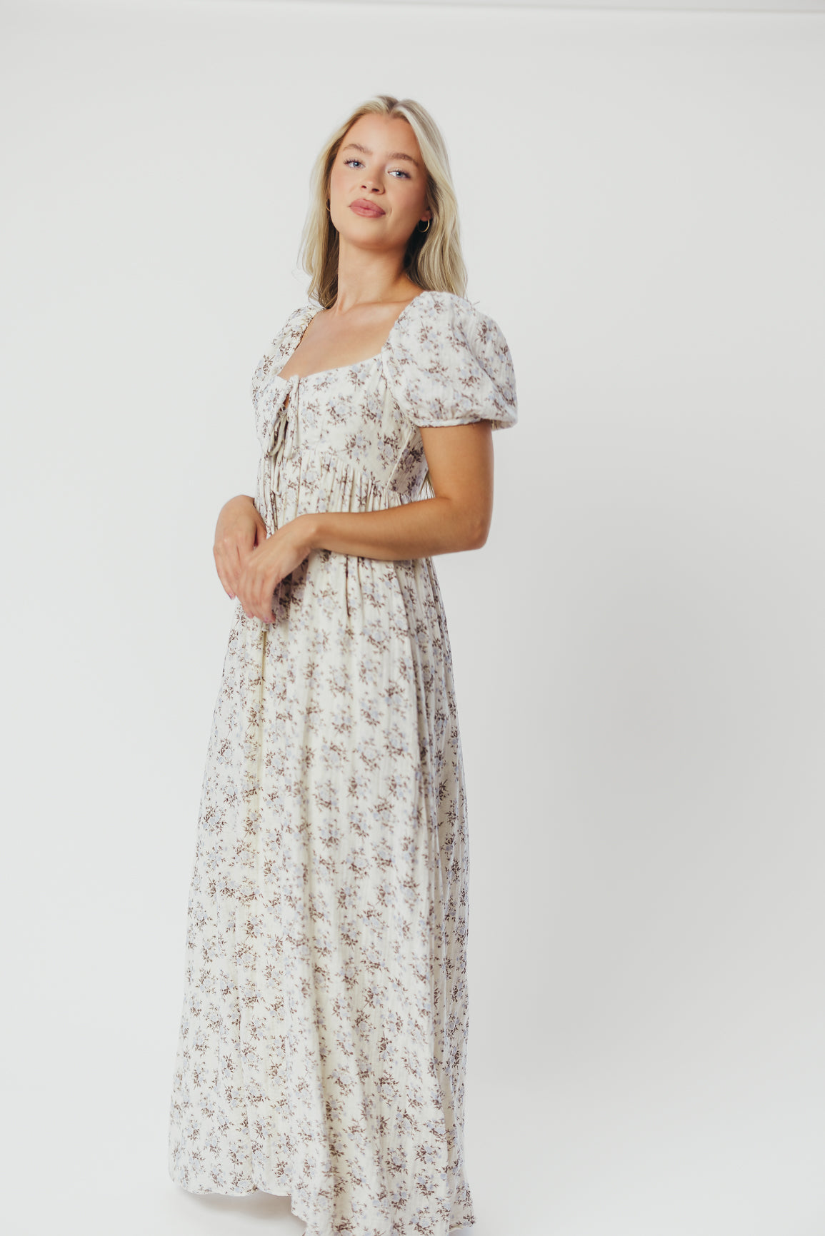 Haven 100% Cotton Tie Front Maxi Dress - Blue & Brown Floral Print - Bump Friendly Maternity Dress for Women - Perfect for Summer Beach Vacations, Date Nights & Baby Showers