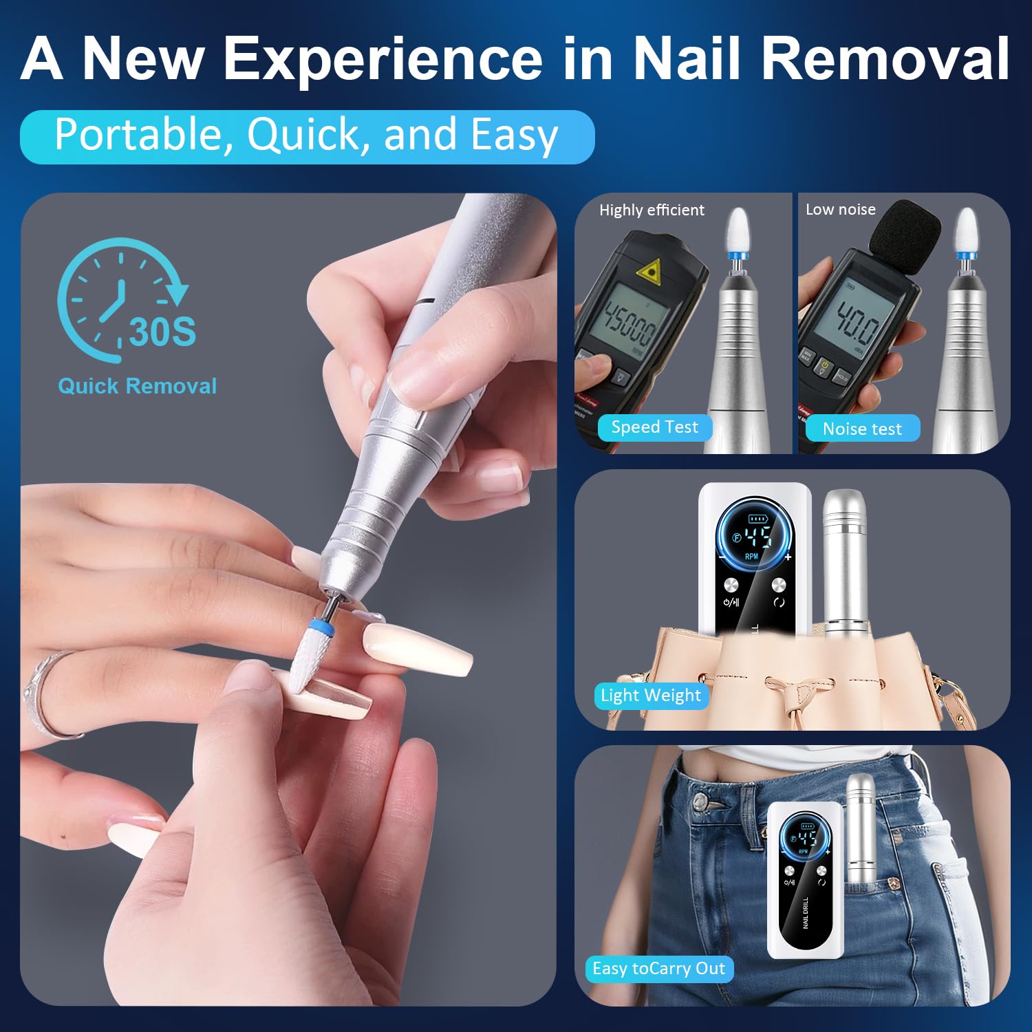 45000 RPM Professional Electric Nail Drill Kit - Rechargeable LED Nail File for Acrylic & Gel Nails | Fast Nail Polish Removal | Lightweight & Portable | Perfect for Home Salon & Professional Manicure/Pedicure