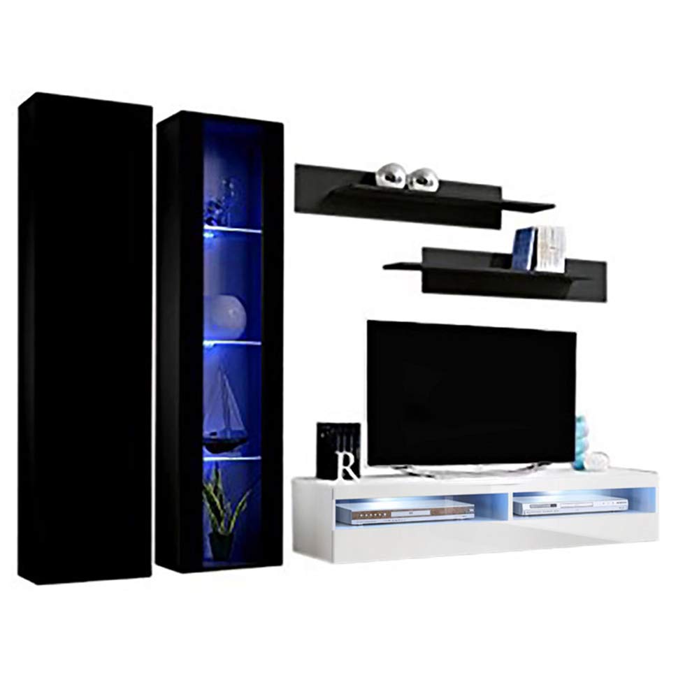 Modern Floating TV Stand for Bedroom & Living Room - Wall-Mounted Entertainment Center with Storage Shelves & LED Lights - A4 35TV Console - Black/White - Perfect for Small Spaces & Home Theater Setup