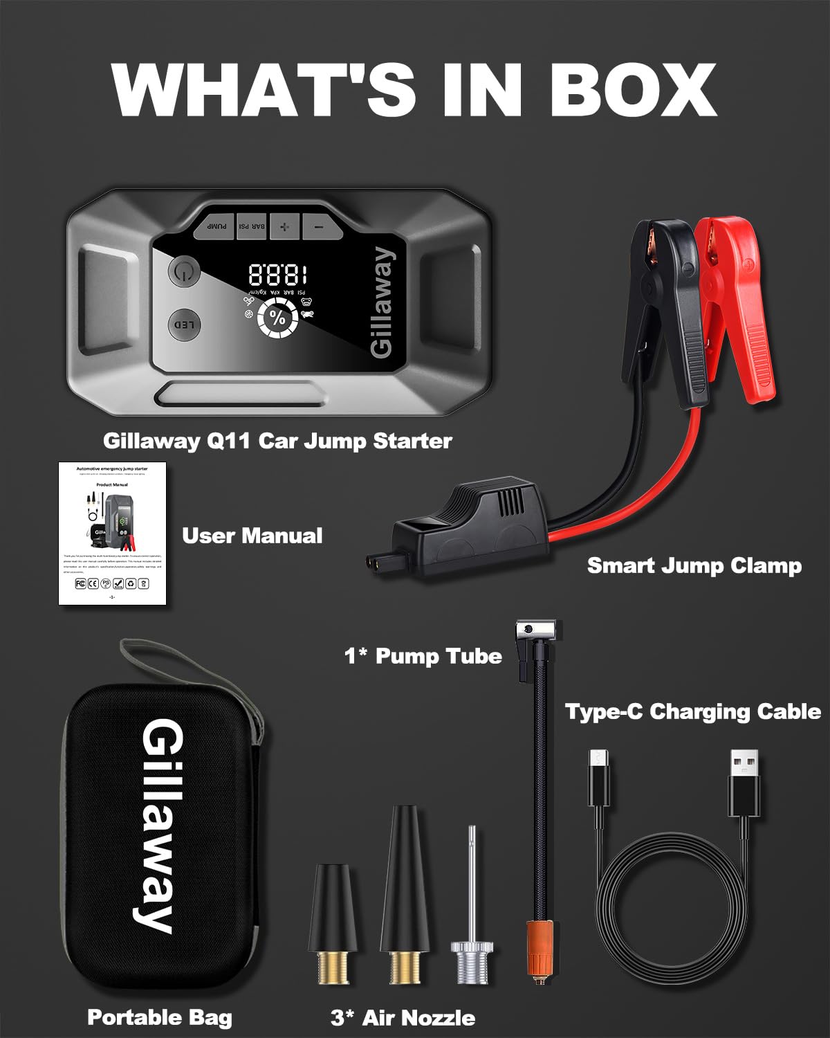 Q11 4000A Portable Car Jump Starter with Air Compressor (150PSI) - 10L Gas/8.0L Diesel Engine Starter, Battery Charger & Tire Inflator with LED Light - Emergency Roadside Assistance for Cars, Trucks, SUVs & Motorcycles
