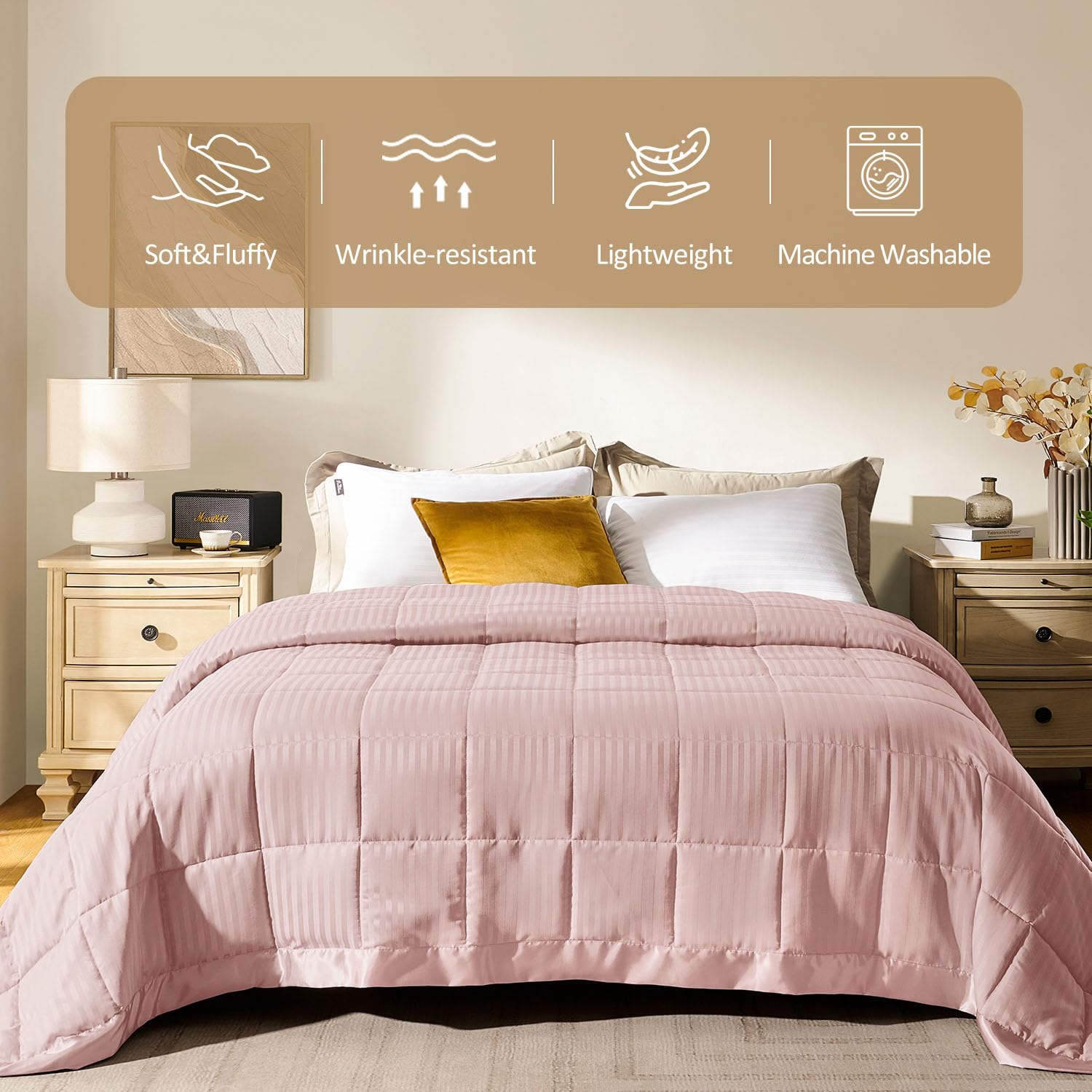 Premium Downluxe King Size Blanket with Satin Trim - Lightweight Down Alternative Comforter for All Seasons | Machine Washable | Soft Baby Pink (90x108 Inches) - Perfect for Bedroom, Guest Room, and Cozy Sofa Lounging