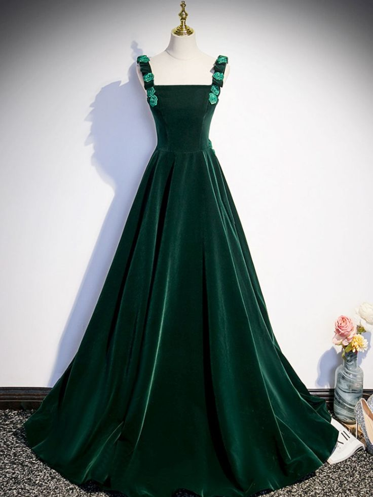 Elegant A-Line Velvet Long Prom Dress in Green - Formal Evening Gown J4655 for Homecoming, Ball, and Special Occasions