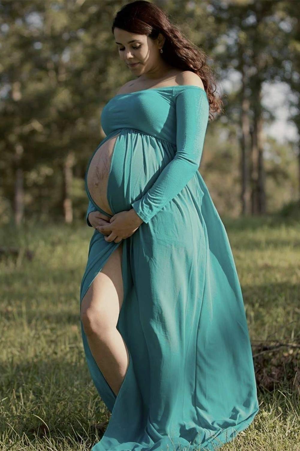 ZIUMUDY Maternity Maxi Dress - Elegant Chiffon Photography Gown with Split Front for Maternity Photoshoots, Baby Showers & Pregnancy Announcements