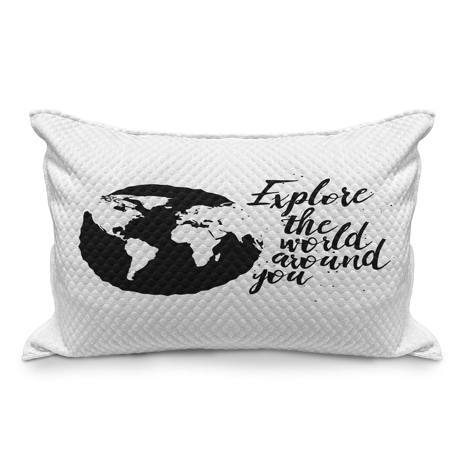 Ambesonne Travel Themed Quilted Pillow Cover - Explore The World Typography Motivational Design, Charcoal Grey Standard Queen Size (30