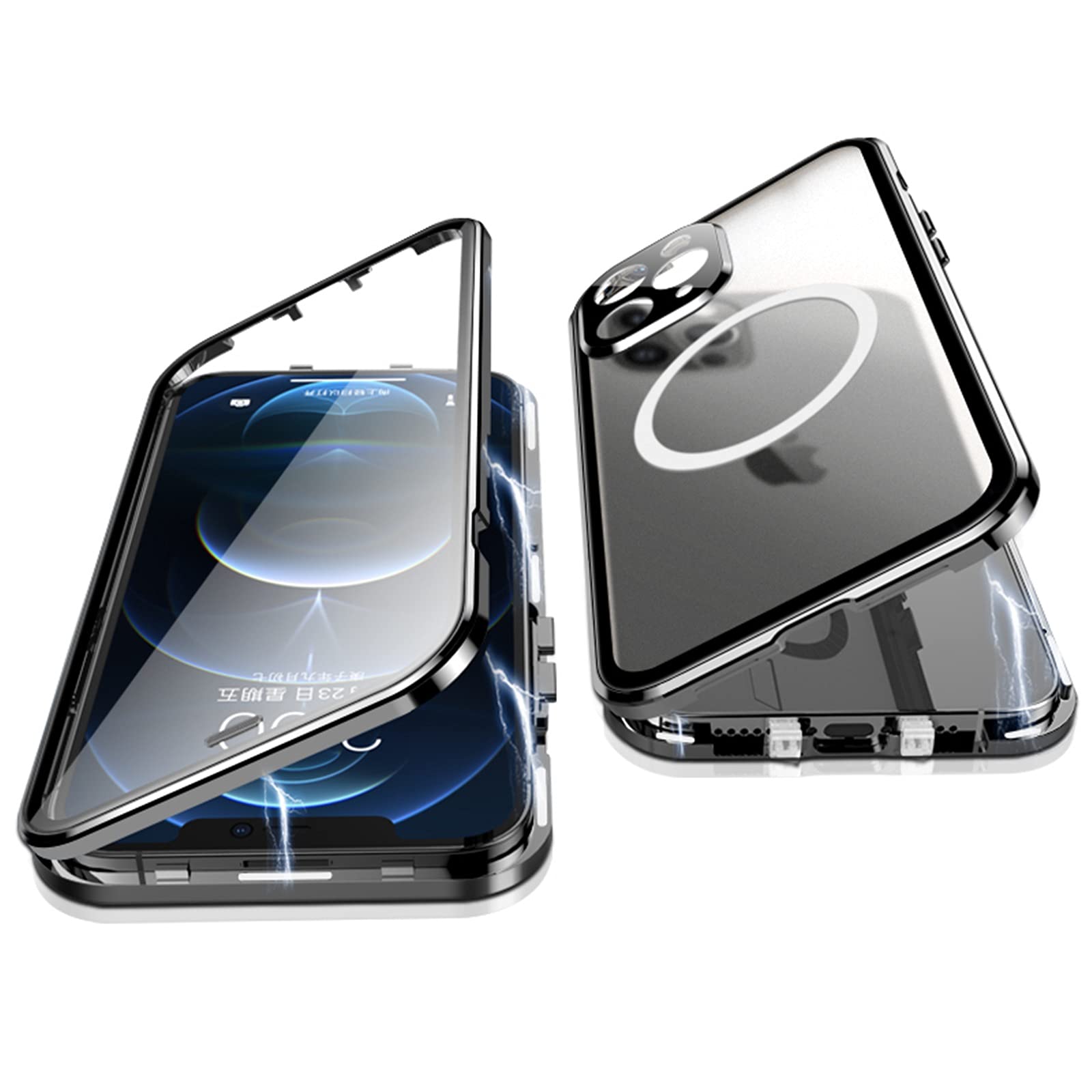 Jonwelsy iPhone 12 Pro Case (6.1 Inch) - 360° Dual Protection Magnetic Shockproof Cover with Magsafe Compatible Metal Bumper & Tempered Glass Front + Frosted PC Back (Black) - Perfect for Daily Use, Work & Outdoor Activities
