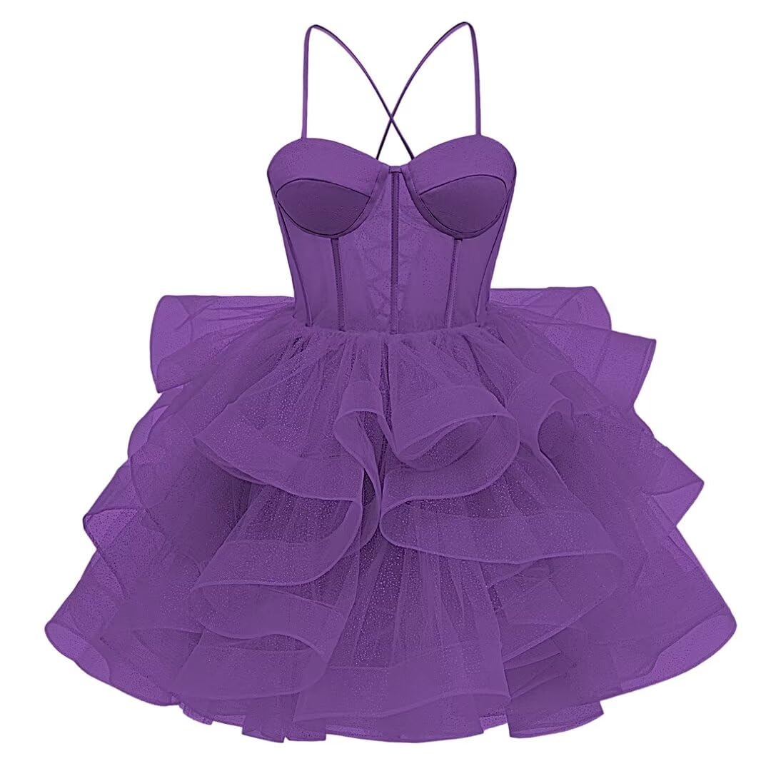 Sparkly Glitter Tulle Homecoming Dress with Layered Ruffles - Short Prom Dress with Spaghetti Straps - Teen Cocktail Party Mini Dress for Dances, Parties & Special Occasions - Style RO077