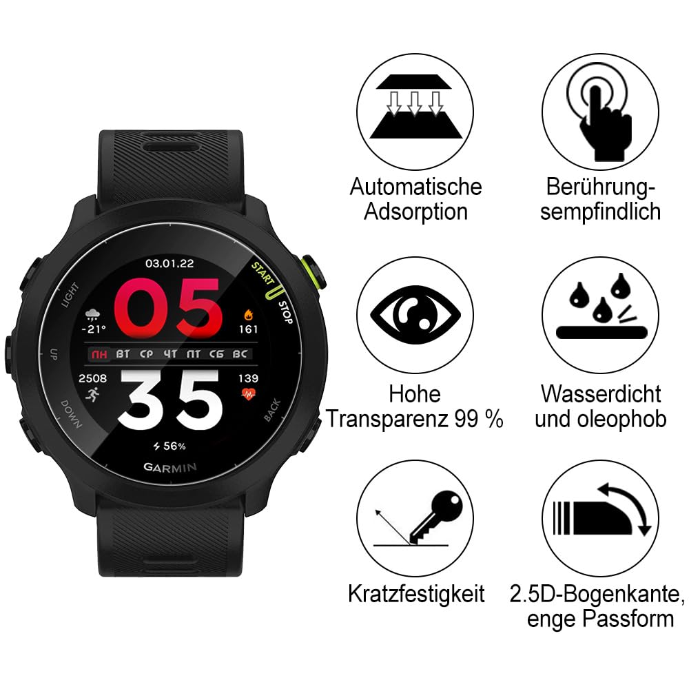 Beukei 2-Pack Tempered Glass Screen Protector for Garmin Forerunner 55 & 245 - 9H Hardness, Fingerprint ID Compatible, HD Clear, Anti-Scratch Protection - Perfect for Running, Cycling & Outdoor Sports