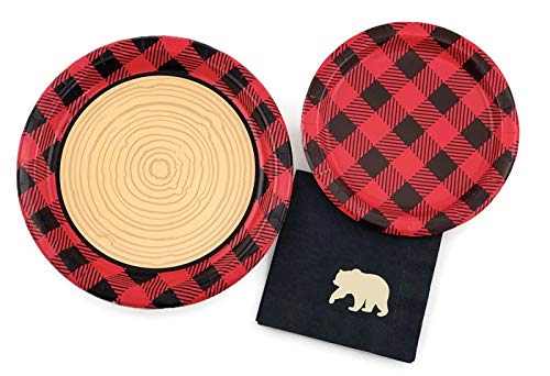 Buffalo Plaid Party Set - 16 Paper Plates & Napkins for Lumberjack Birthday, Bear Theme Baby Shower, Camping Party & Rustic Wedding Decorations