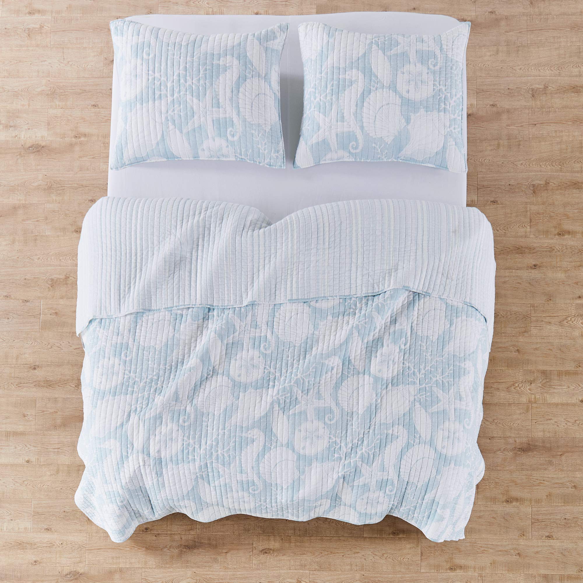 **Levtex Home Stillwater Reversible King Quilt Set - Coastal Blue & White Cotton Quilt (106x92in) with 2 King Shams (20x36in) - Perfect for Beach House & Coastal Bedroom Decor**