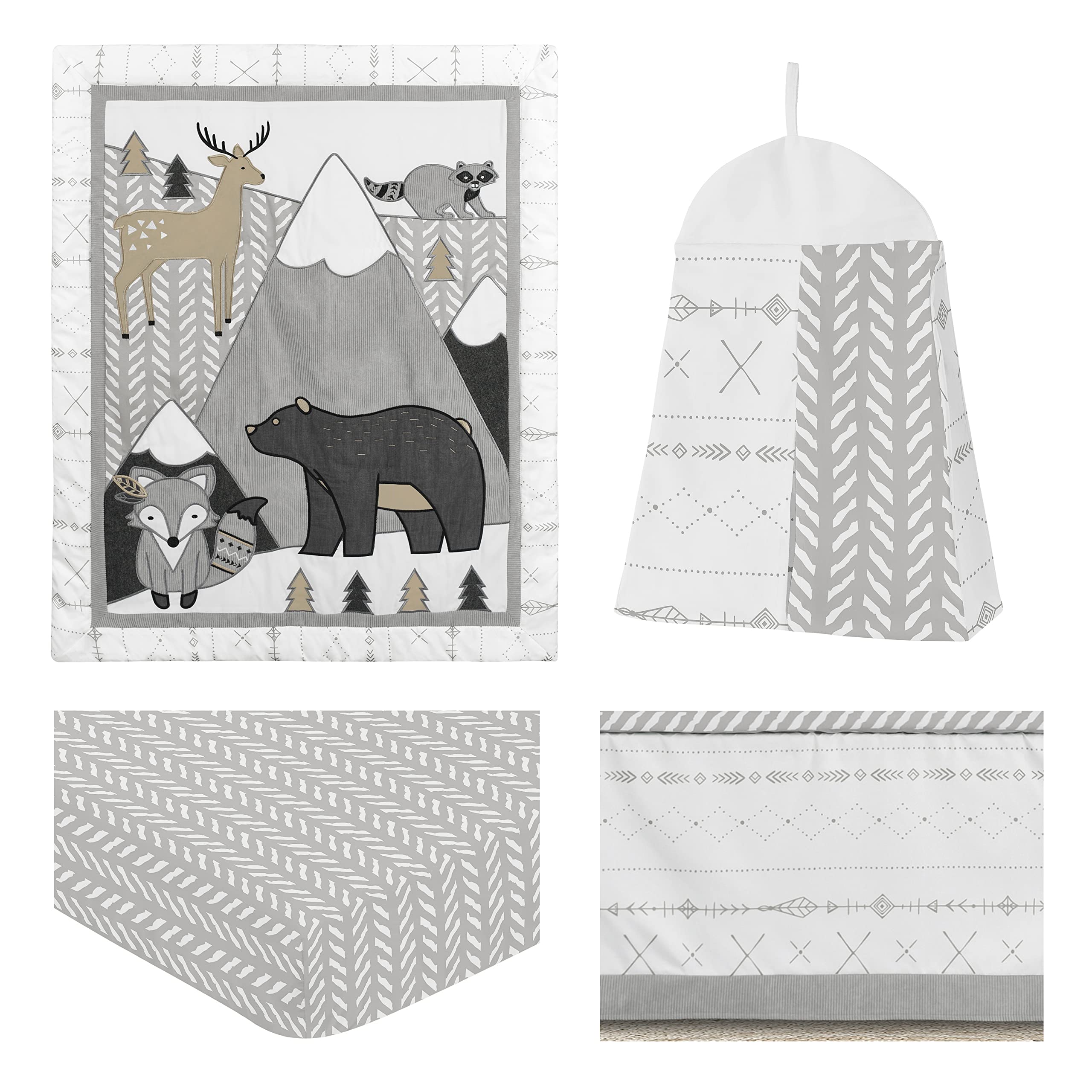 Sweet Jojo Designs Boho Mountain Animal Nursery Crib Bedding Set - 4 Piece Woodland Forest Theme with Deer, Fox & Bear - Beige, Grey & White Unisex Baby Bedding for Boys & Girls - Perfect for Nursery Decor, Baby Shower Gifts & Cozy Crib Setup