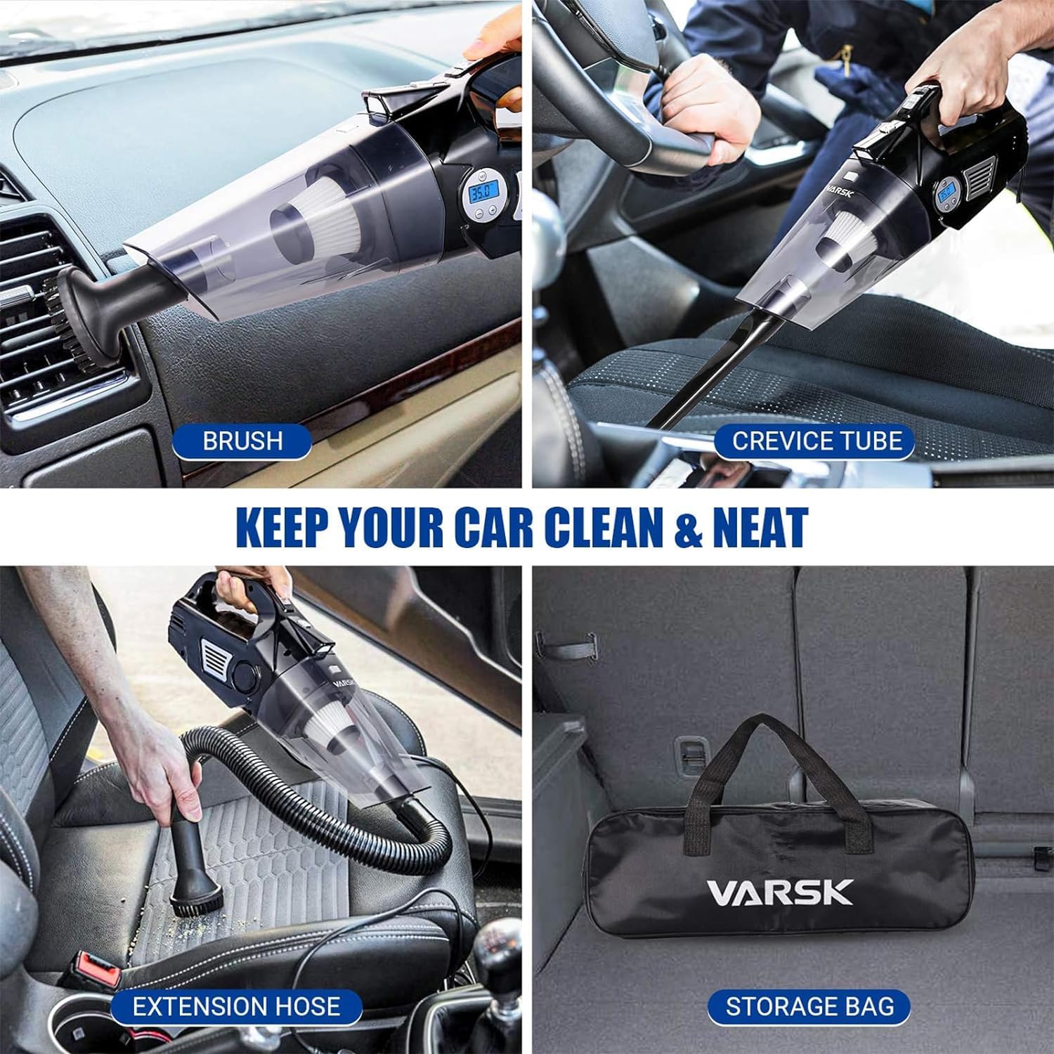 VARSK 4-in-1 High Power Car Vacuum Cleaner & Tire Inflator - 12V DC Portable Auto Vac with Digital Tire Pressure Gauge, LCD Display, LED Light & 15FT Cord - Perfect for Car Cleaning, Emergency Tire Inflation, Road Trips & Camping Accessories