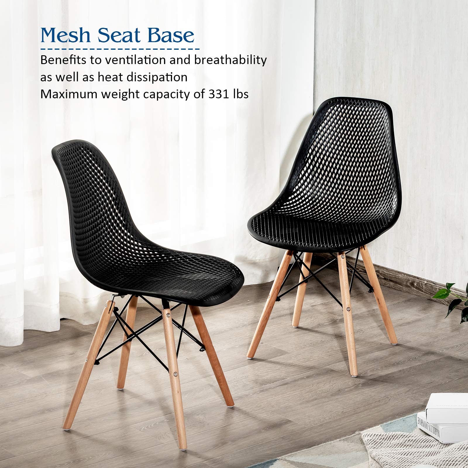 Modern Dining Chairs Set of 2 - Indoor/Outdoor Shell PP Lounge Side Chairs with Mesh Design & Beech Wood Legs - Tulip Leisure Chairs for Kitchen, Dining Room, Patio, and Office - Black