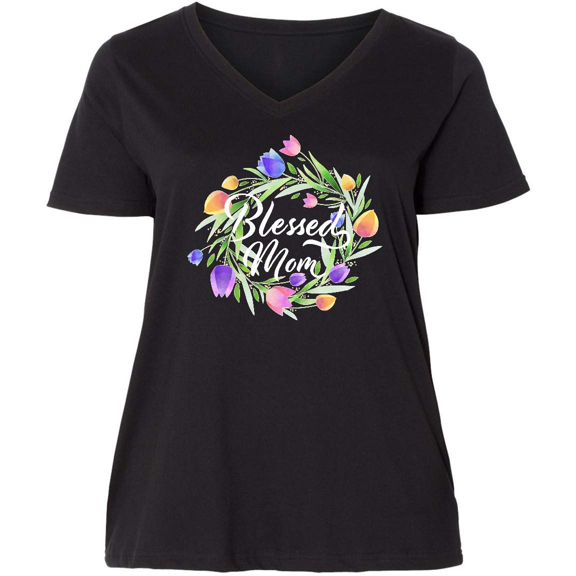 Blessed Mom with Pastel Tulips Women's Plus Size V-Neck T-Shirt - Floral Graphic Tee for Mother's Day & Everyday Wear