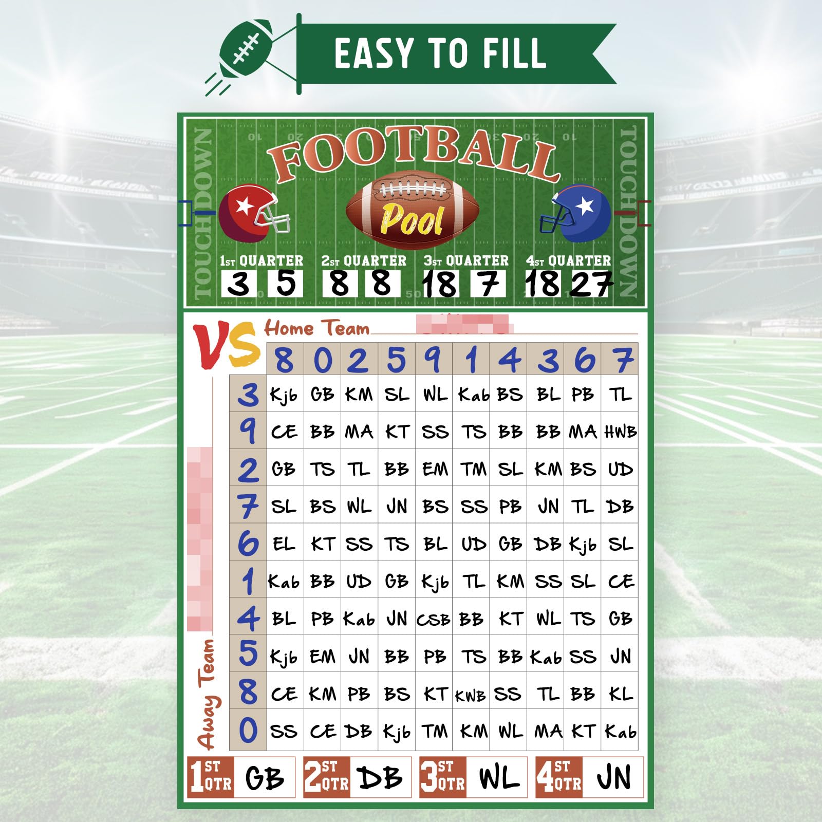 2 Pcs Football Pool Poster, 19‘' x 27.77'' Football Squares Board 100 Grids, Large Football Pool Squares Poster for Super Bowl, Tailgate Parties, Office Pools & Game Day Decorations – Big Football Game Party Supplies 2025