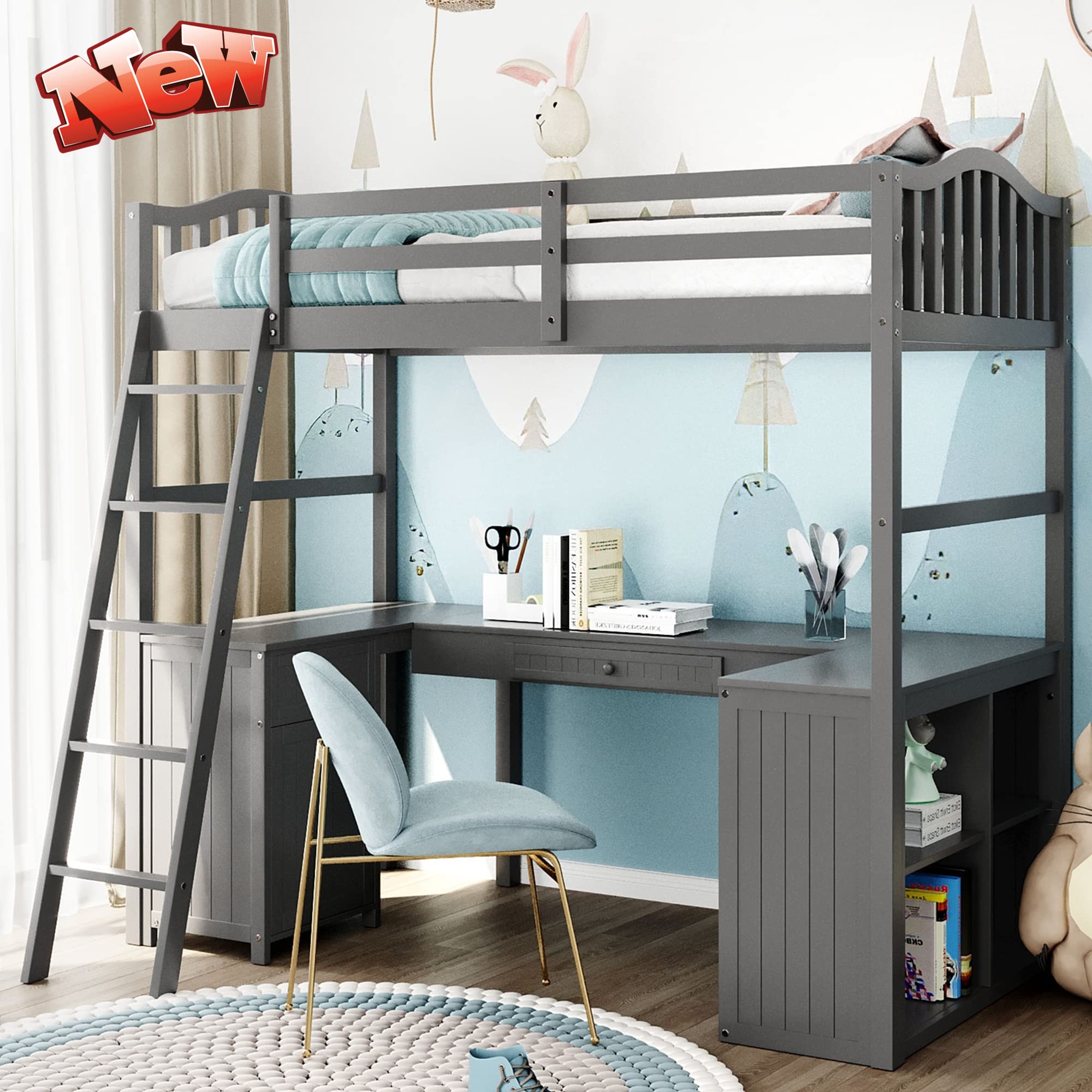 DOONHEXS Solid Wood Twin Loft Bed with Desk, Storage Shelves & Drawers - Modern Twin Size Loft Bed Frame for Kids, Teens & Adults - Sturdy Structure & Easy Assembly (Gray) - Perfect for Small Bedrooms, Dorm Rooms & Space-Saving Kids' Rooms