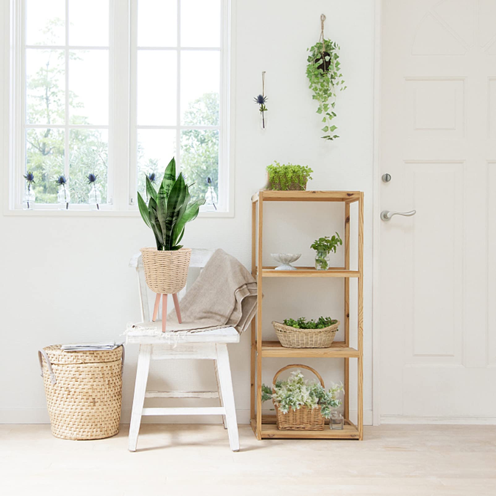 Cabilock Round Rattan Floor Basket - Handwoven Wicker Plant Stand with Holder for Indoor & Outdoor Use, Beige Planter for Flowers, Succulents, and Home Decor