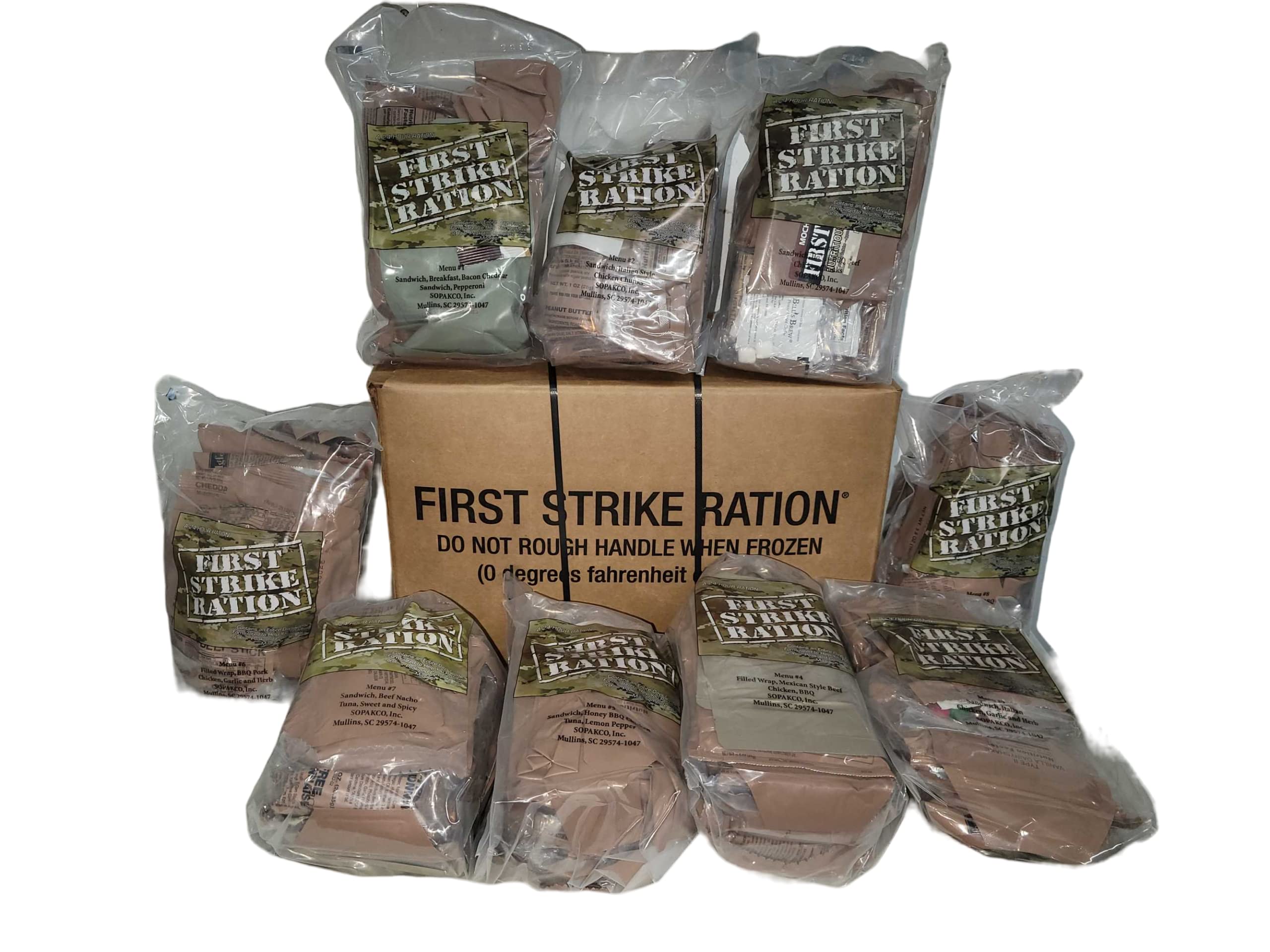 First Strike Ration MRE - 3 Meals in 1 Ration (Inspection/Test Date 06/2020) - 9 Rations per Case - Emergency Food Supply for Camping, Hiking & Survival Preparedness
