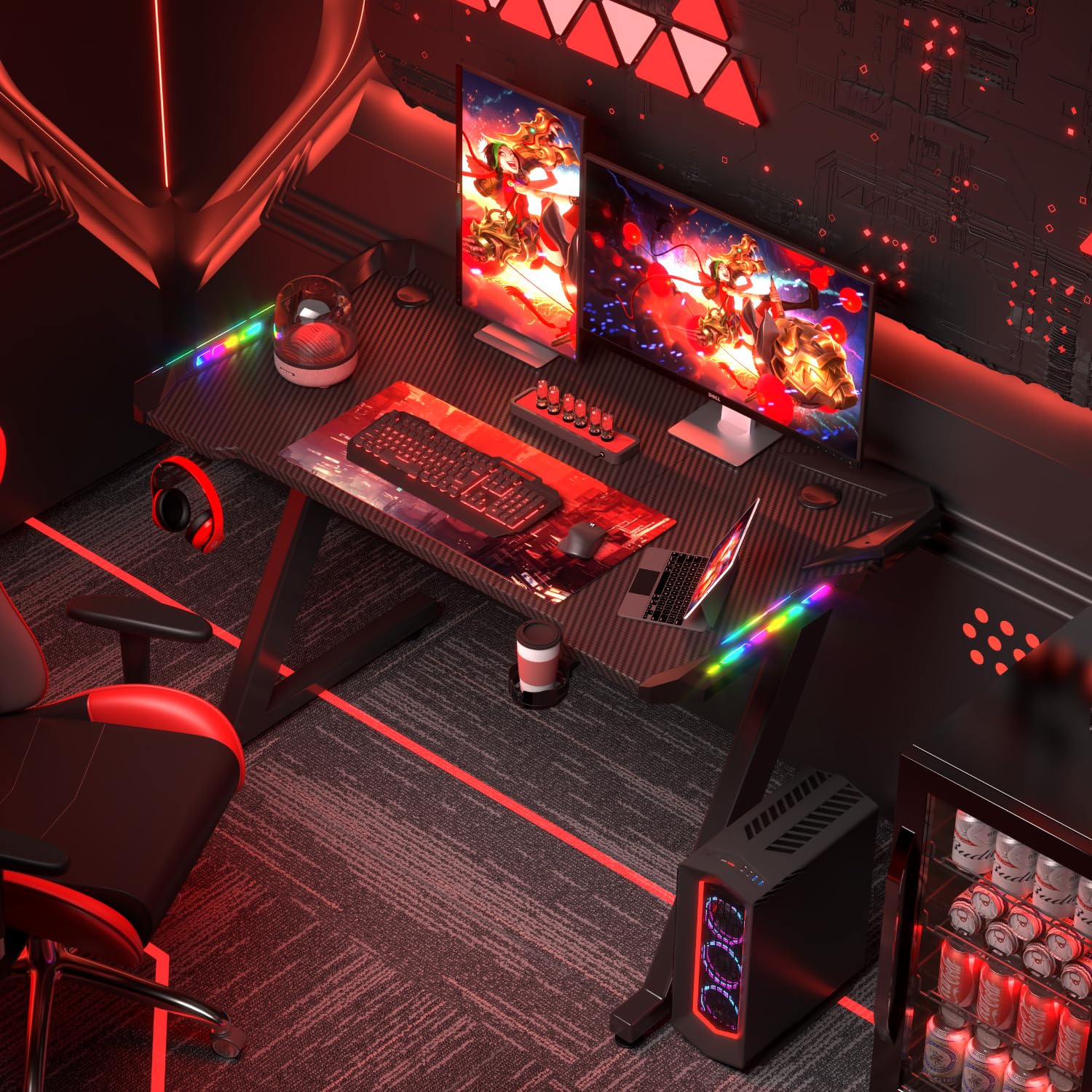 Homall 120 x 60cm RGB LED Gaming Desk - Z-Shaped Computer Desk with Headphone Hook & Cup Holder, Ergonomic Gaming Table for PC, PS5, Xbox | Perfect for Home Office, Streaming & Esports Tournaments