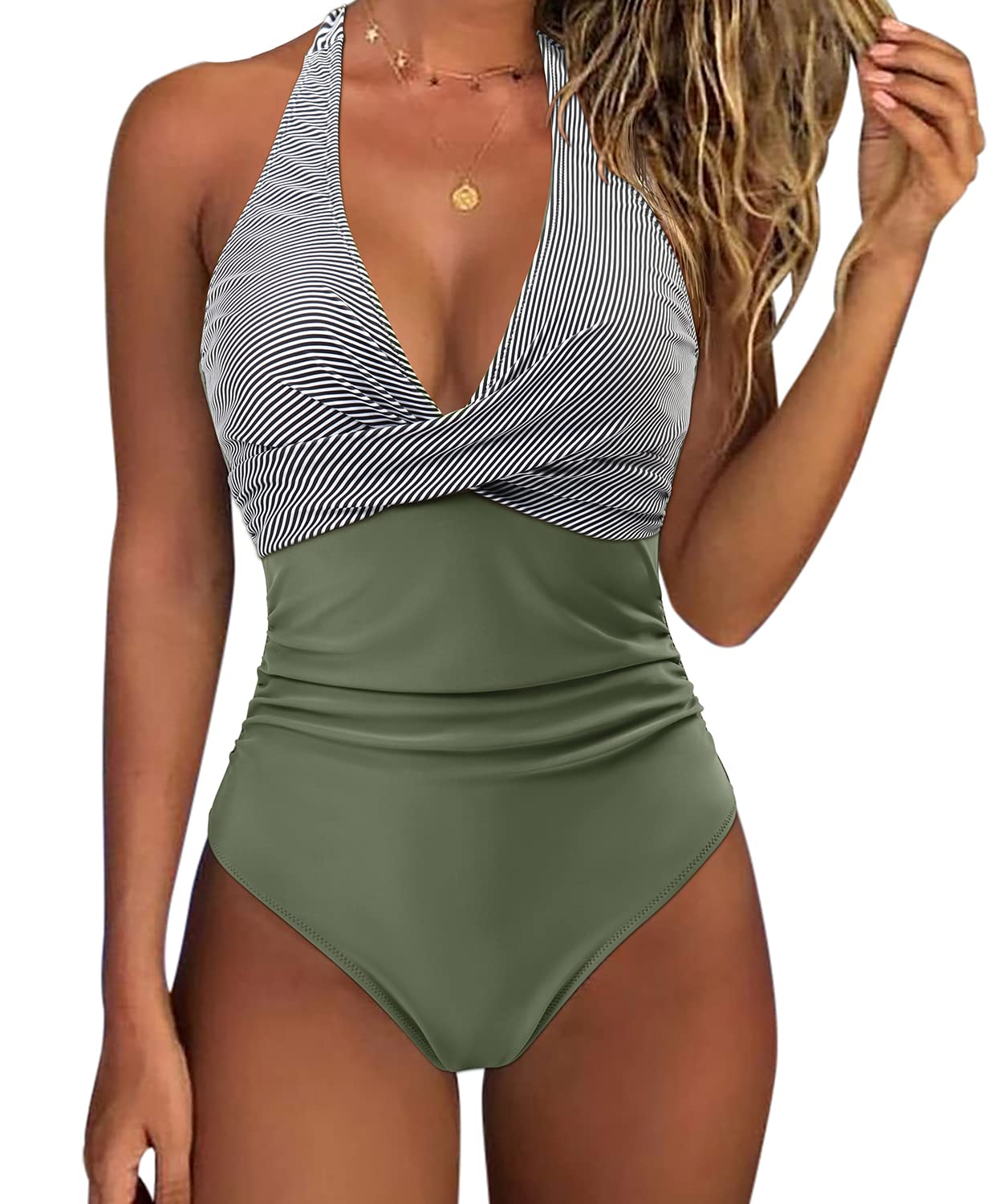 Sexy Tummy Control One Piece Swimsuit - Push Up Halter Bathing Suit for Women at Beach