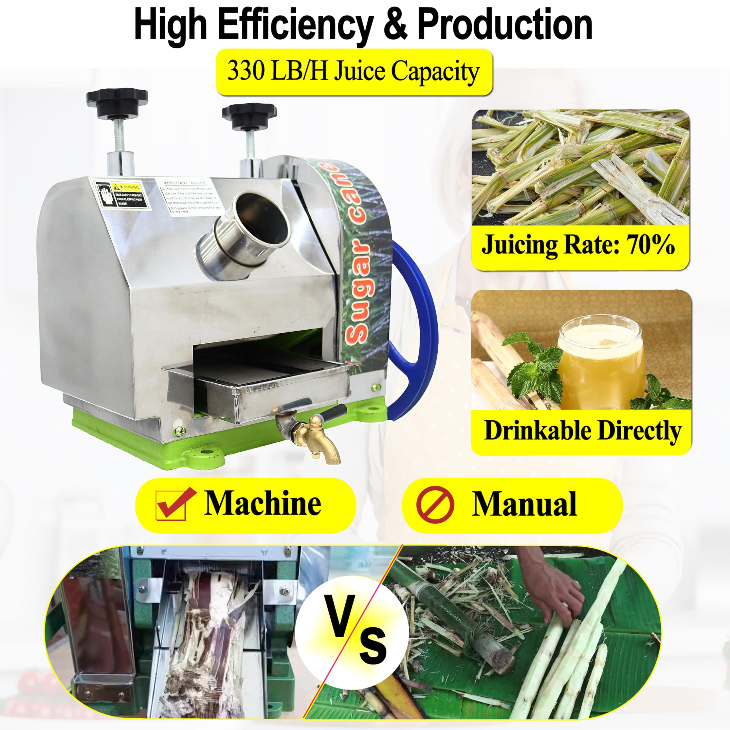 Efficient Manual Sugar Cane Juicer Machine 330LB/H Output with 2.4