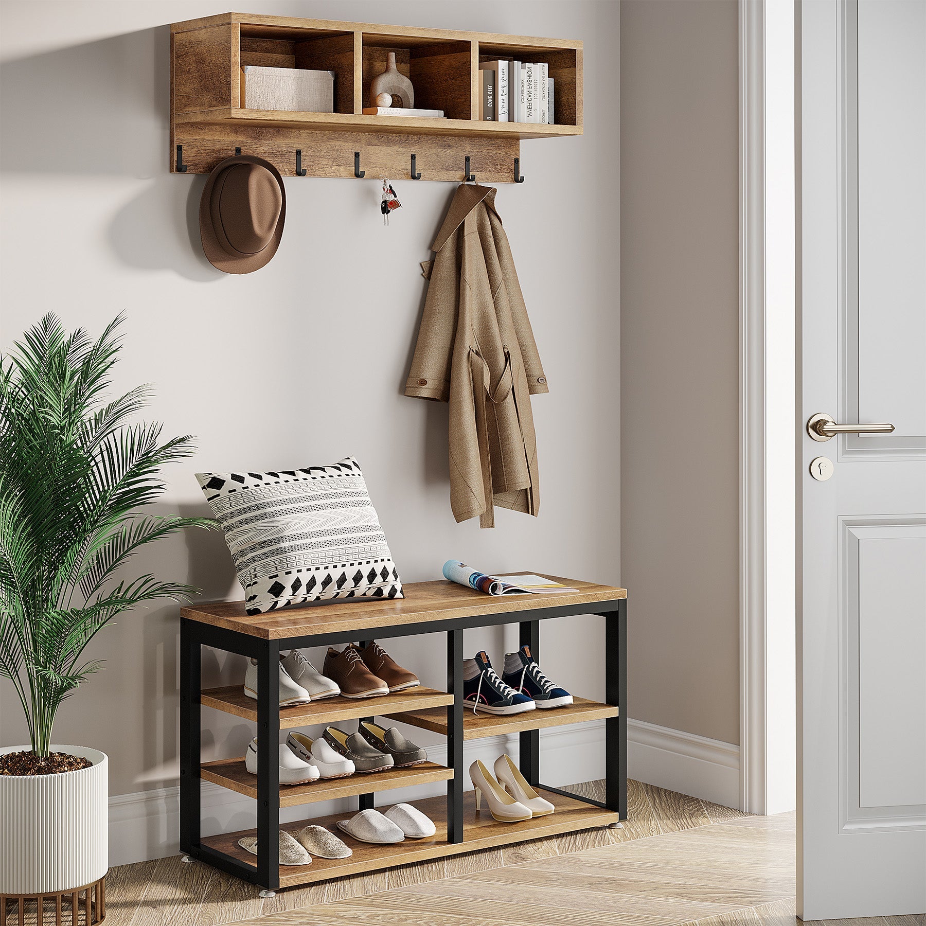 5 in 1 Coat Rack Shoe Bench Set with Wall Mounted Shelf - Space Saving Entryway Organizer for Hats, Bags & Shoes | Perfect for Hallway, Mudroom or Foyer Decor