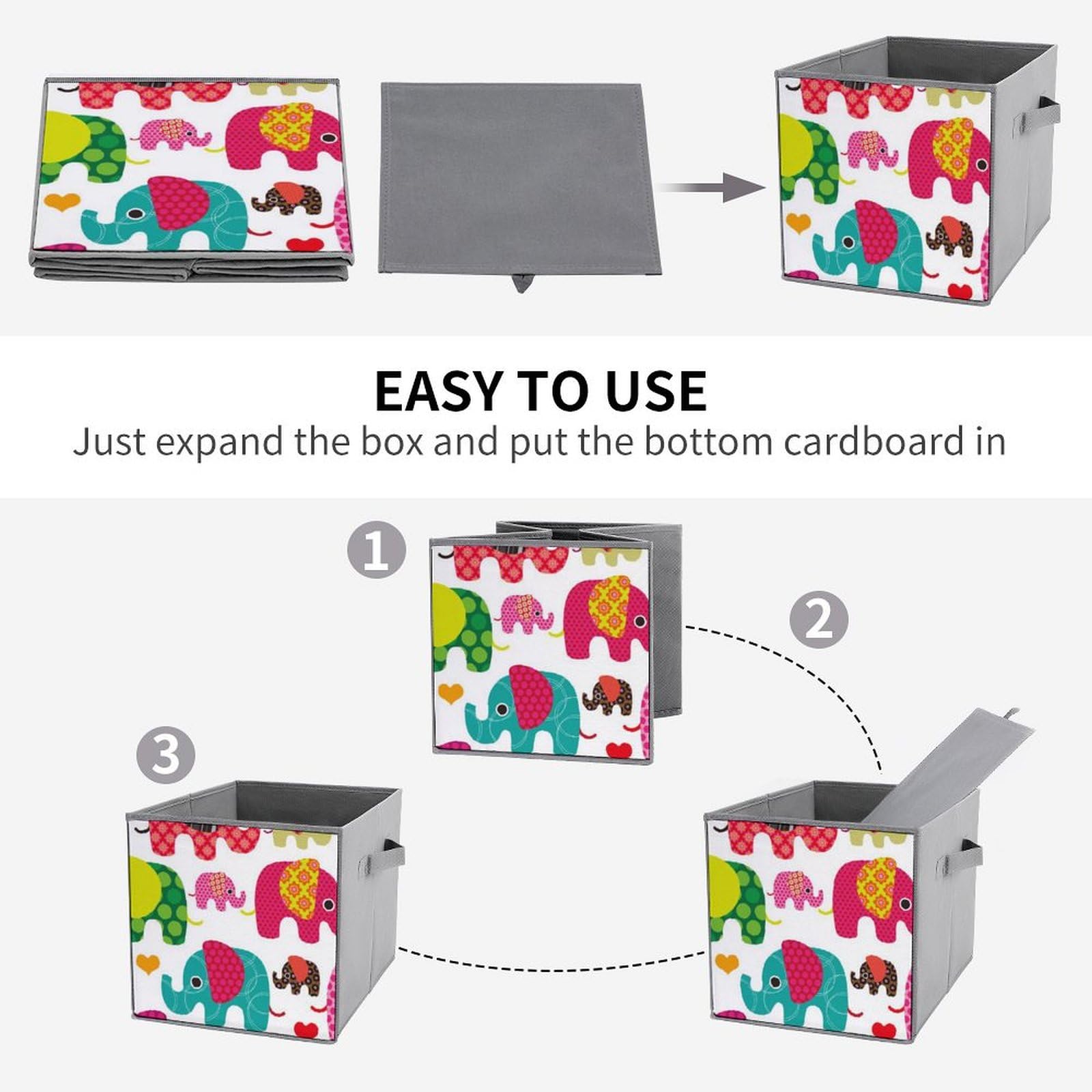 Colorful Elephant Print Foldable Storage Bins 6-Pack - 10.6x10.6x10.6 Inch Collapsible Cube Organizers with Handles for Closet, Shelves, Kids Room & Toy Storage