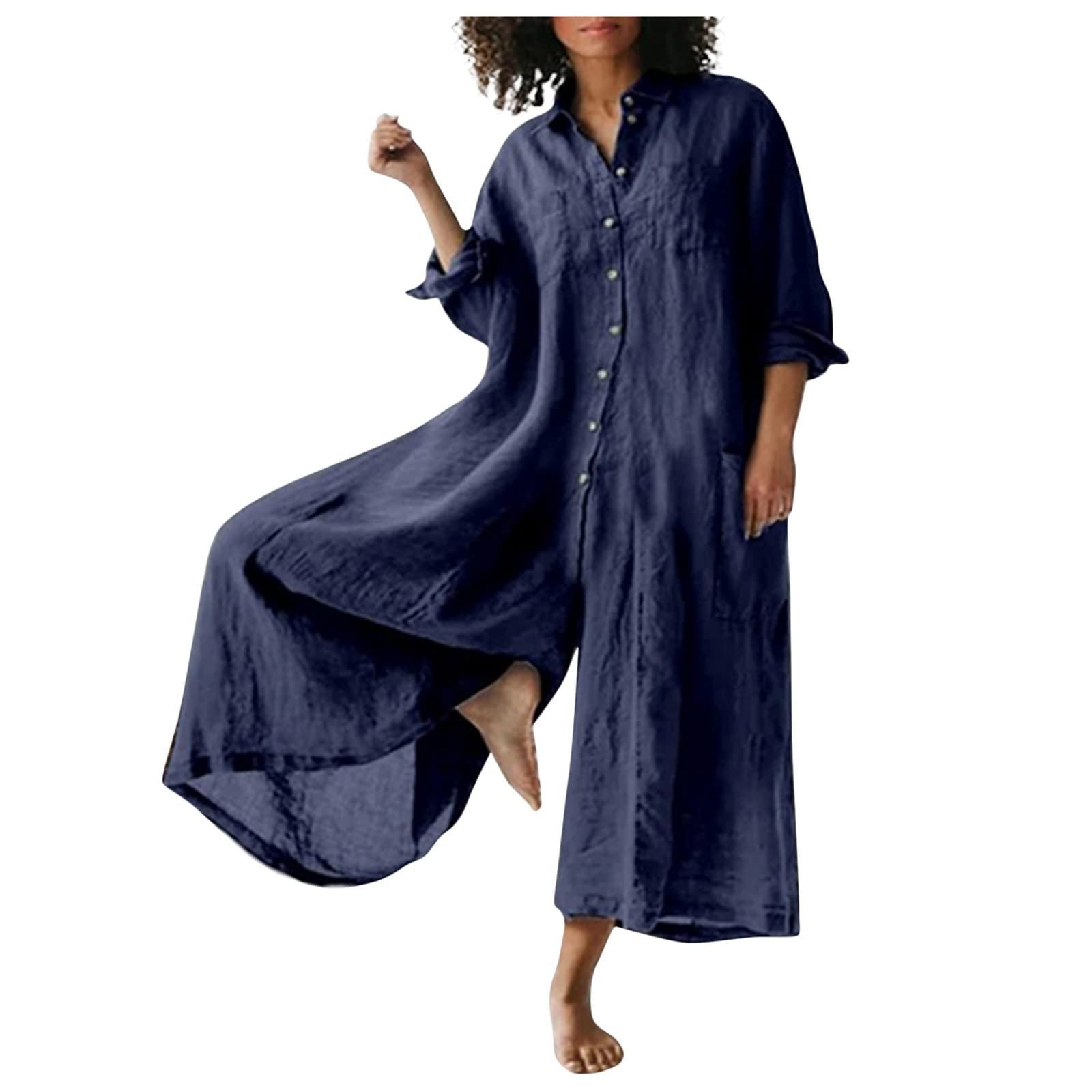 UQRZAU Women's Solid Color Jumpsuit - V-Neck Button Front Overalls, Casual Sleeve Romper for Everyday Wear | Perfect for Work, Weekend Outings & Spring 2024 Fashion