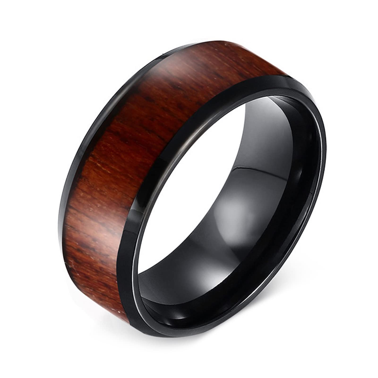 Stainless Steel Wooden Inlay Wedding Band - 8MM Black Eternity Ring for Men | Durable Engagement Ring for Weddings, Anniversaries & Special Occasions