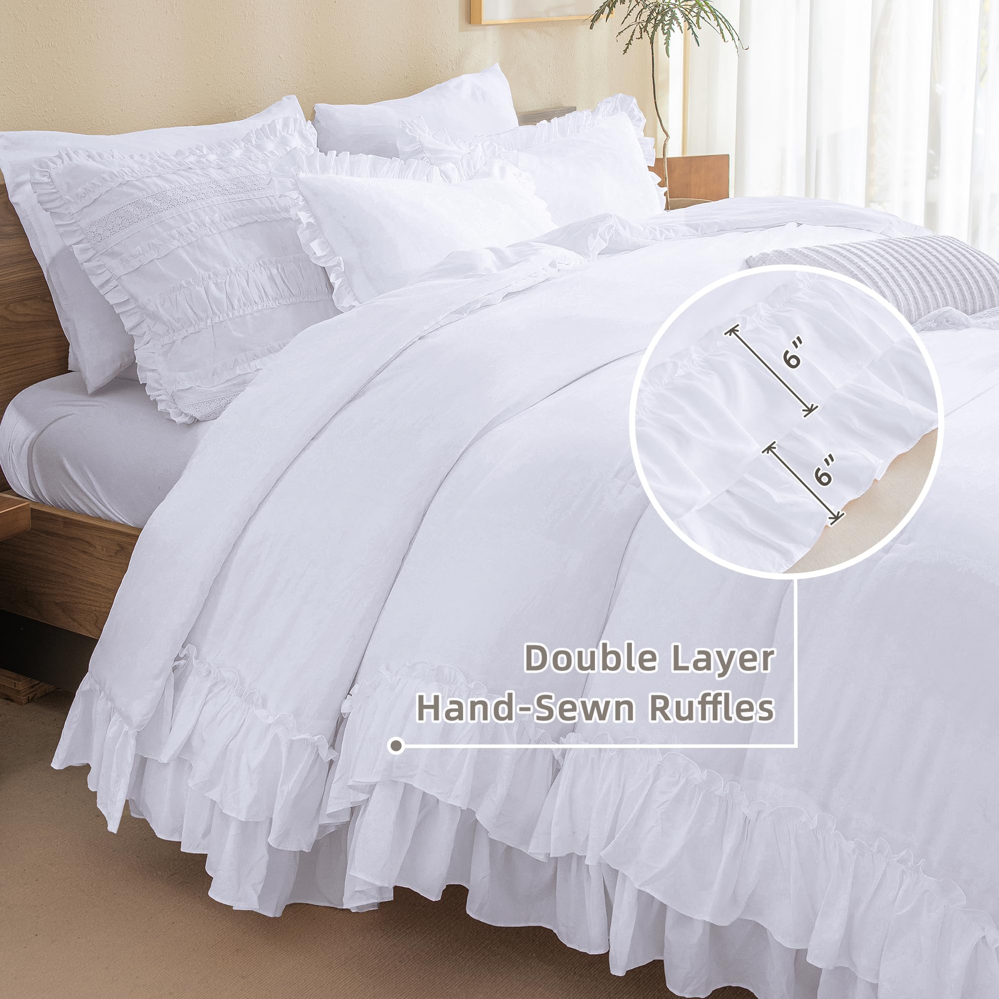 QSH White Ruffled Comforter Set - Queen Size Farmhouse Shabby Chic Boho Bedding - Lightweight Fluffy Microfiber Comforter - 3 Piece Set for Cozy Bedroom Decor & Guest Room Styling