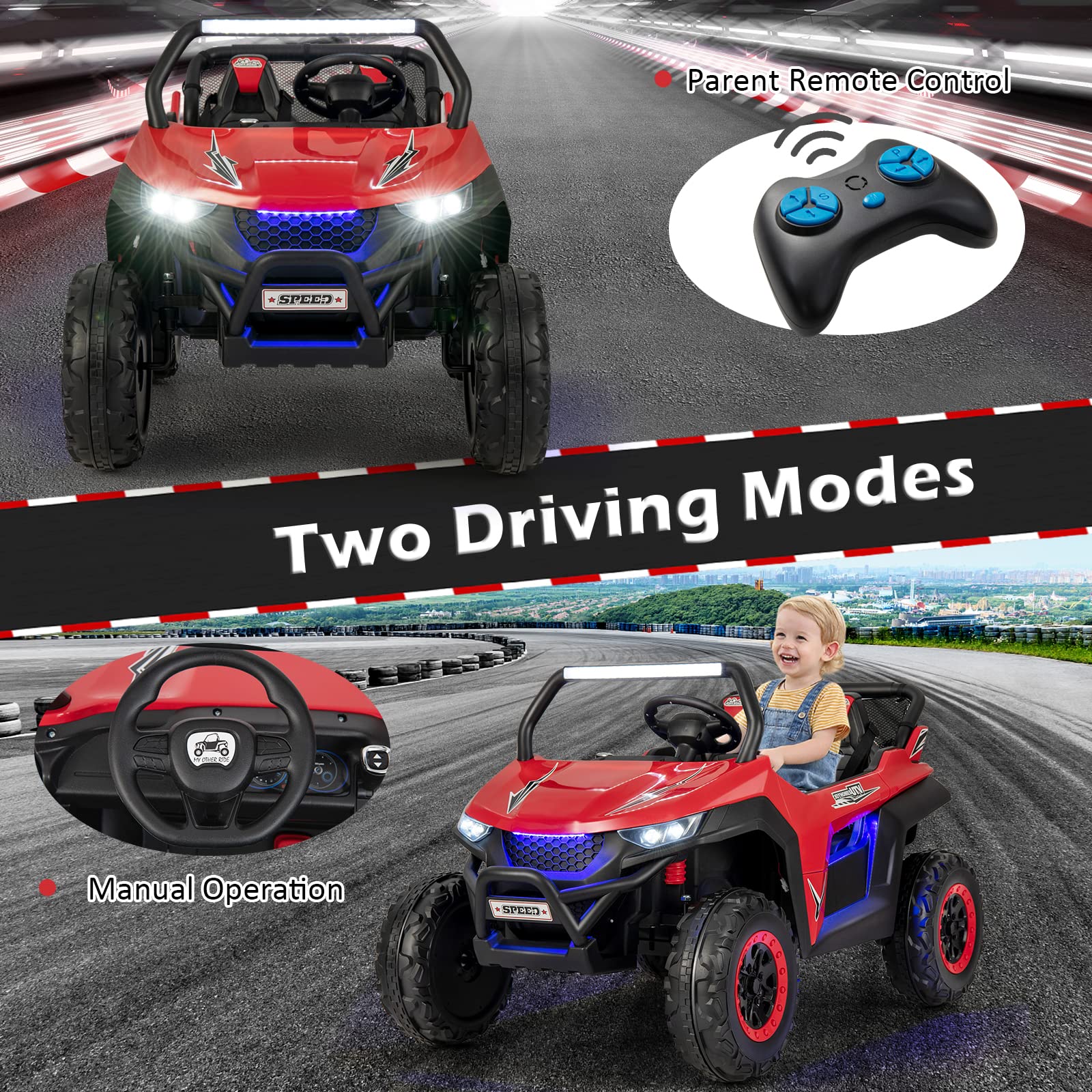 Costzon 12V Kids Electric Ride-On Car with Remote Control - 2-Seater UTV for Boys & Girls, 4 Shock Absorbers, Wireless Music, FM Radio, 3 Speed Settings & LED Lights - Perfect for Outdoor Play, Birthday Gifts & Backyard Adventures (Red)