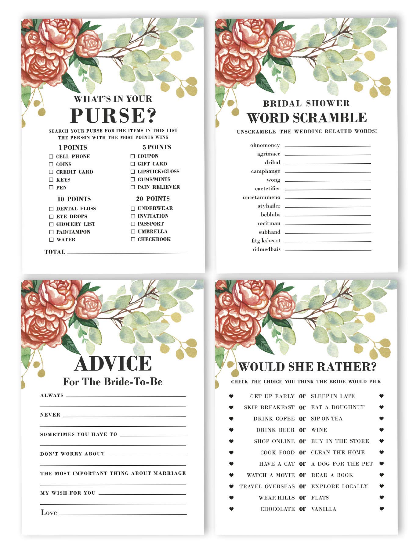 Floral Bachelorette Party Game Set Bundle - 4 Fun Bridal Shower Games (50 Sheets Each) for Memorable Celebrations & Pre-Wedding Events