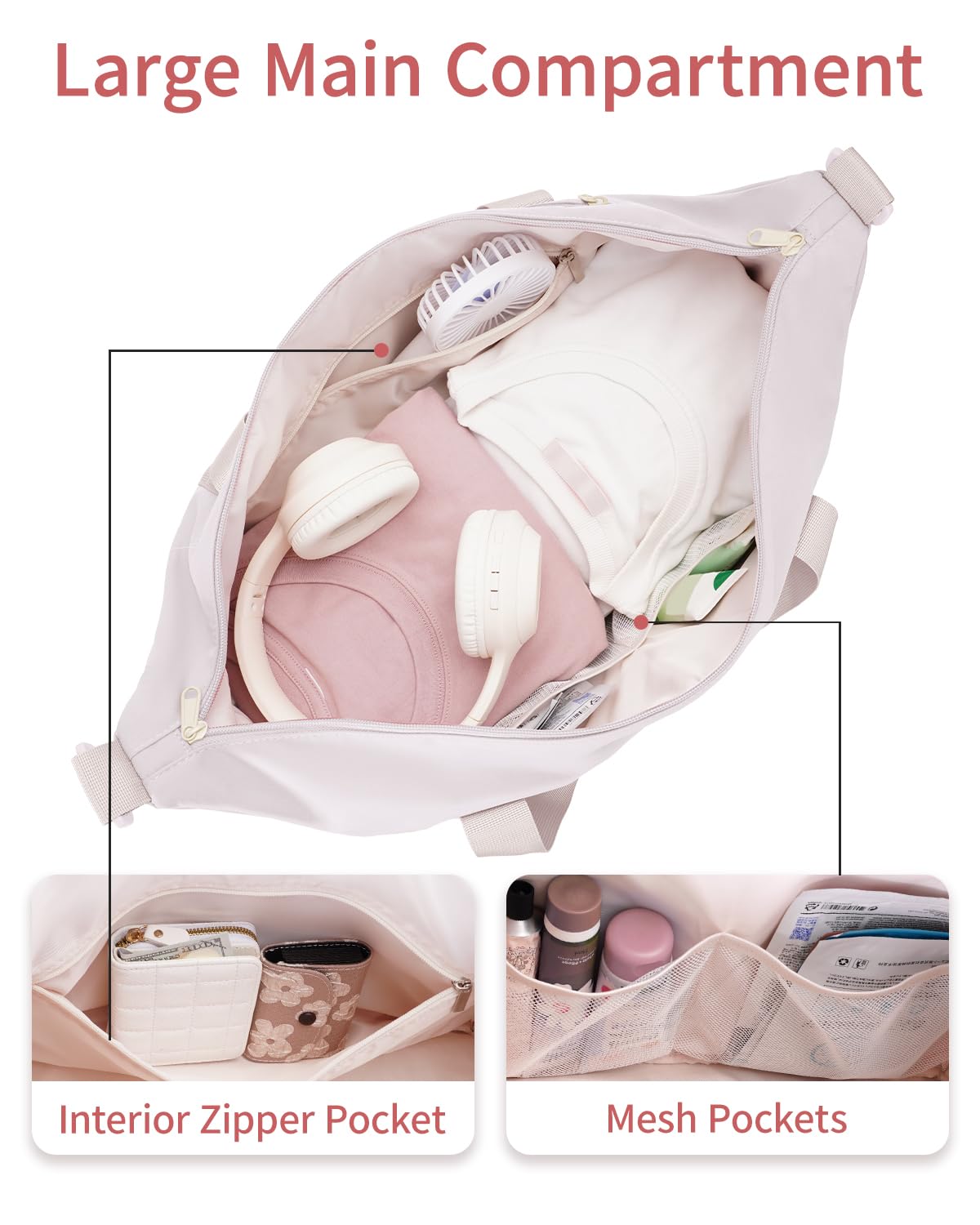 Sportsnew Women's Large Gym Travel Duffel Bag with Shoe Compartment & Wet Pocket - Water Resistant Weekender Overnight Carry On Sports Tote - Beige (Patent Pending) - Perfect for Gym, Travel, Sports & Weekend Getaways