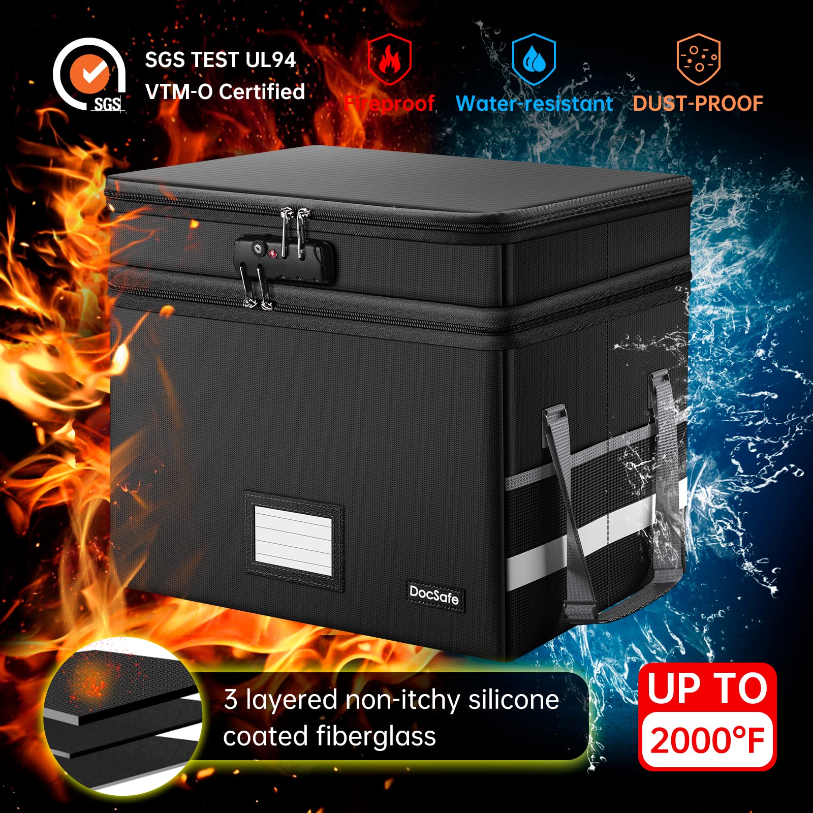 Fireproof Document Box with Lock - Multi-Layer Collapsible File Storage Organizer with Pockets & Handle, Portable Home Office Filing Cabinet for Letter/Legal Size Folders - Ideal for Secure Document Storage at Home or Office (Black)